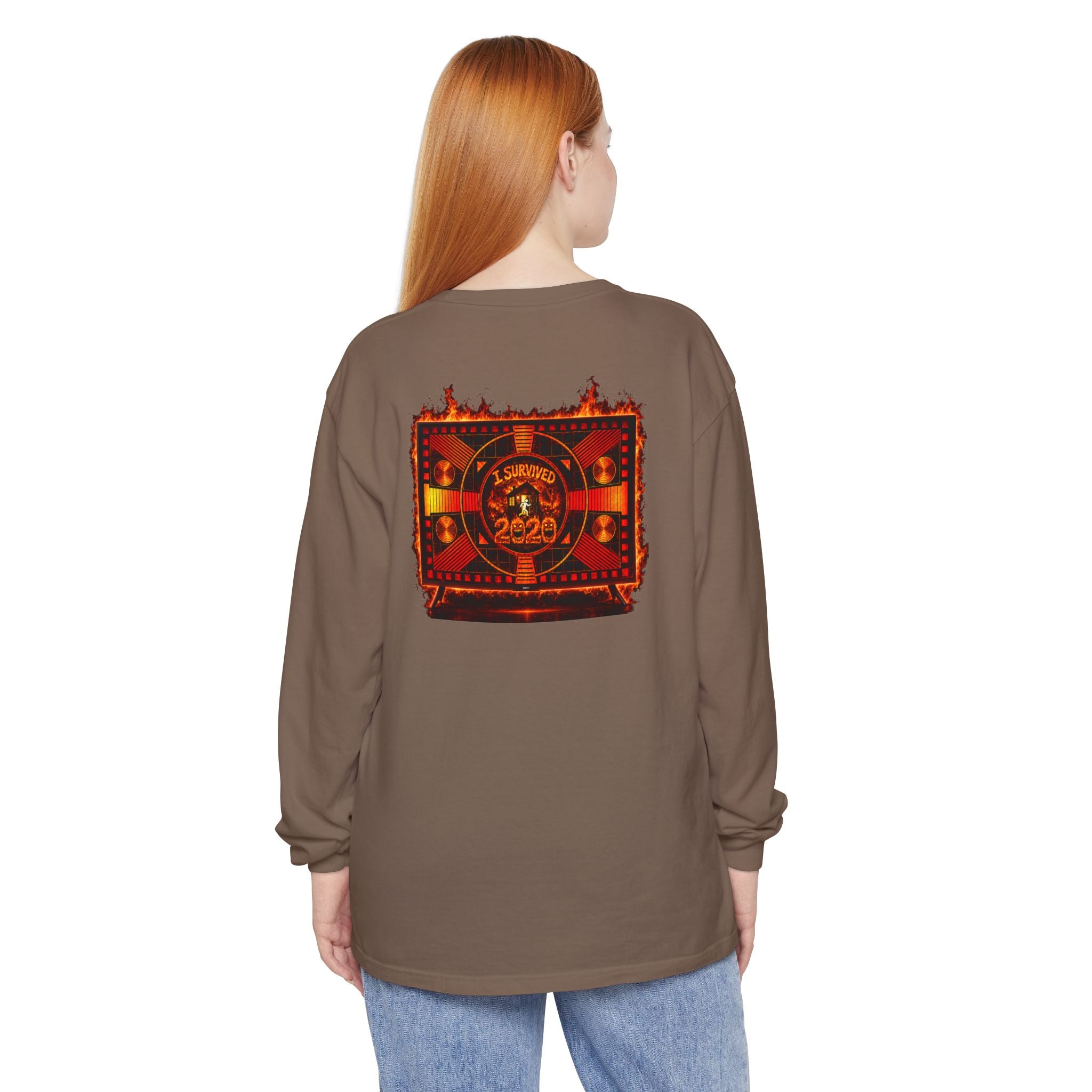 I Survived 2020 — "Please Stand By" Test Pattern Tee Wildfire Signal Edition Summer Premiere Unisex Garment-Dyed Long Sleeve T-Shirt
