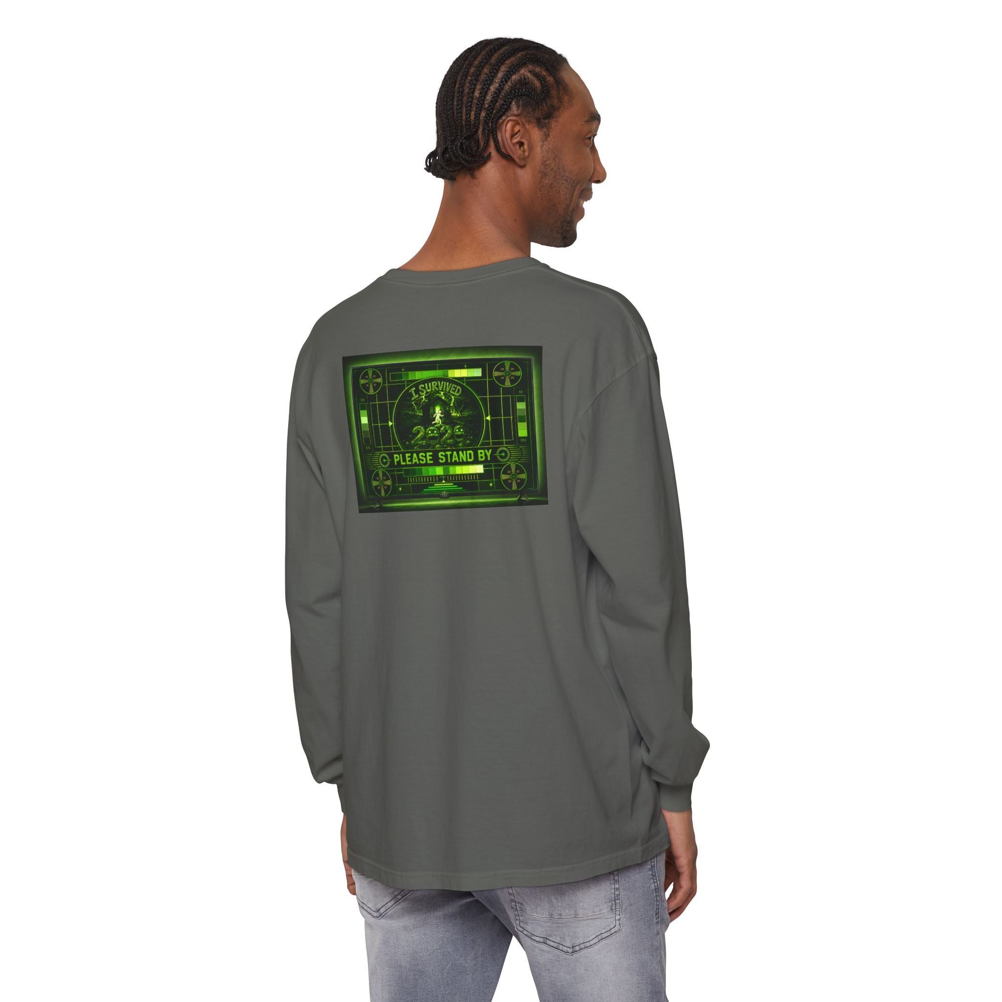 I Survived 2020 — "Please Stand By" Test Pattern Toxic Signal Tee Summer Premiere Unisex Garment-Dyed Long Sleeve T-Shirt