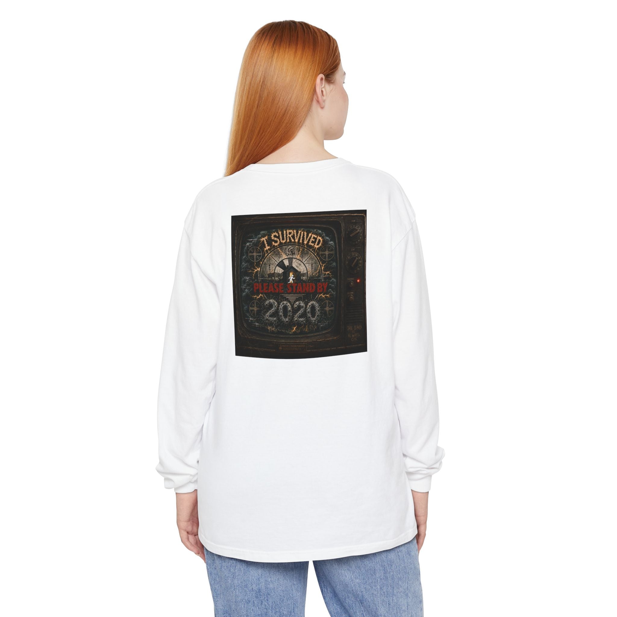 I Survived 2020 — "Please Stand By" Test Pattern Tee Summer Premier Unisex Garment-Dyed Long Sleeve T-Shirt