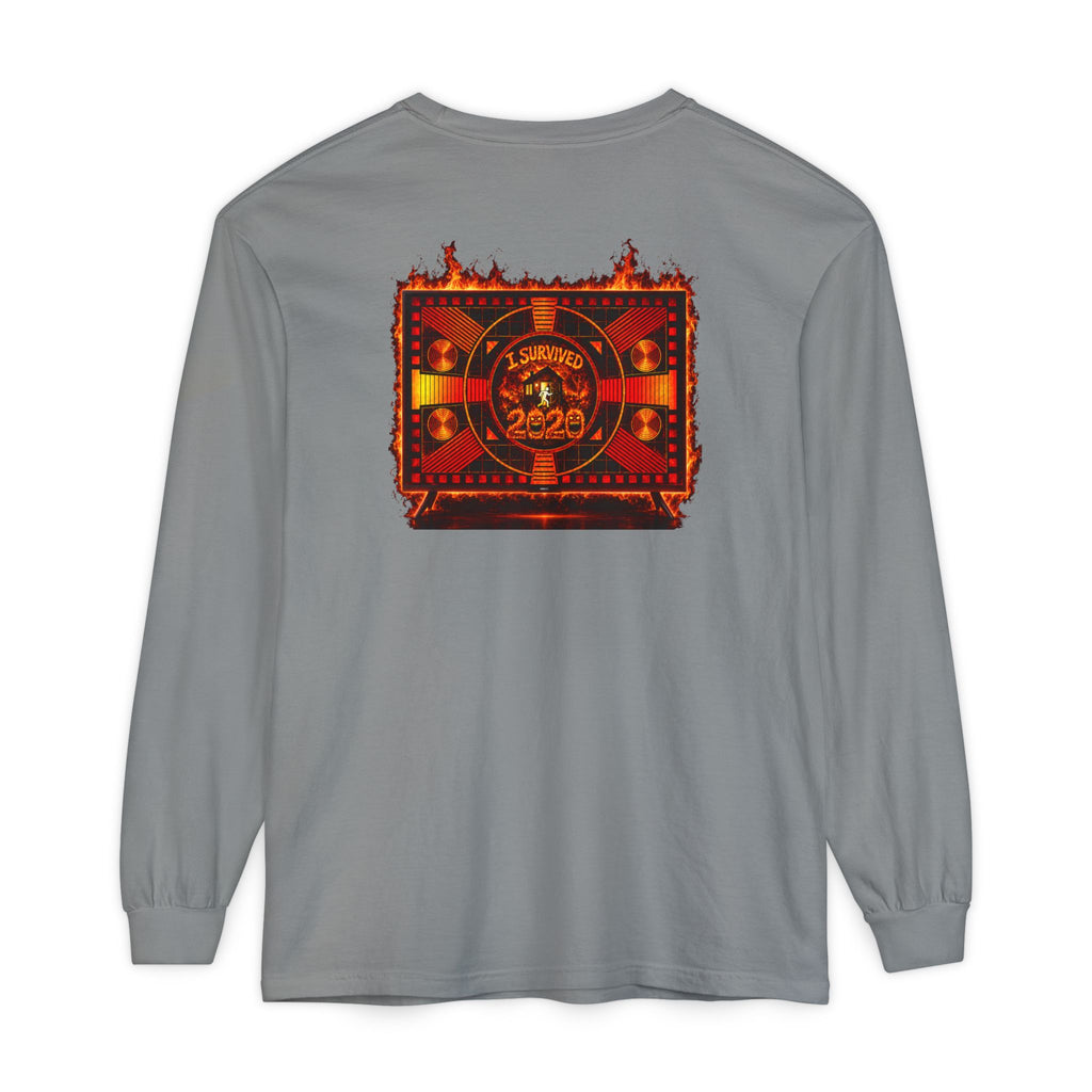 I Survived 2020 — "Please Stand By" Test Pattern Tee Wildfire Signal Edition Summer Premiere Unisex Garment-Dyed Long Sleeve T-Shirt