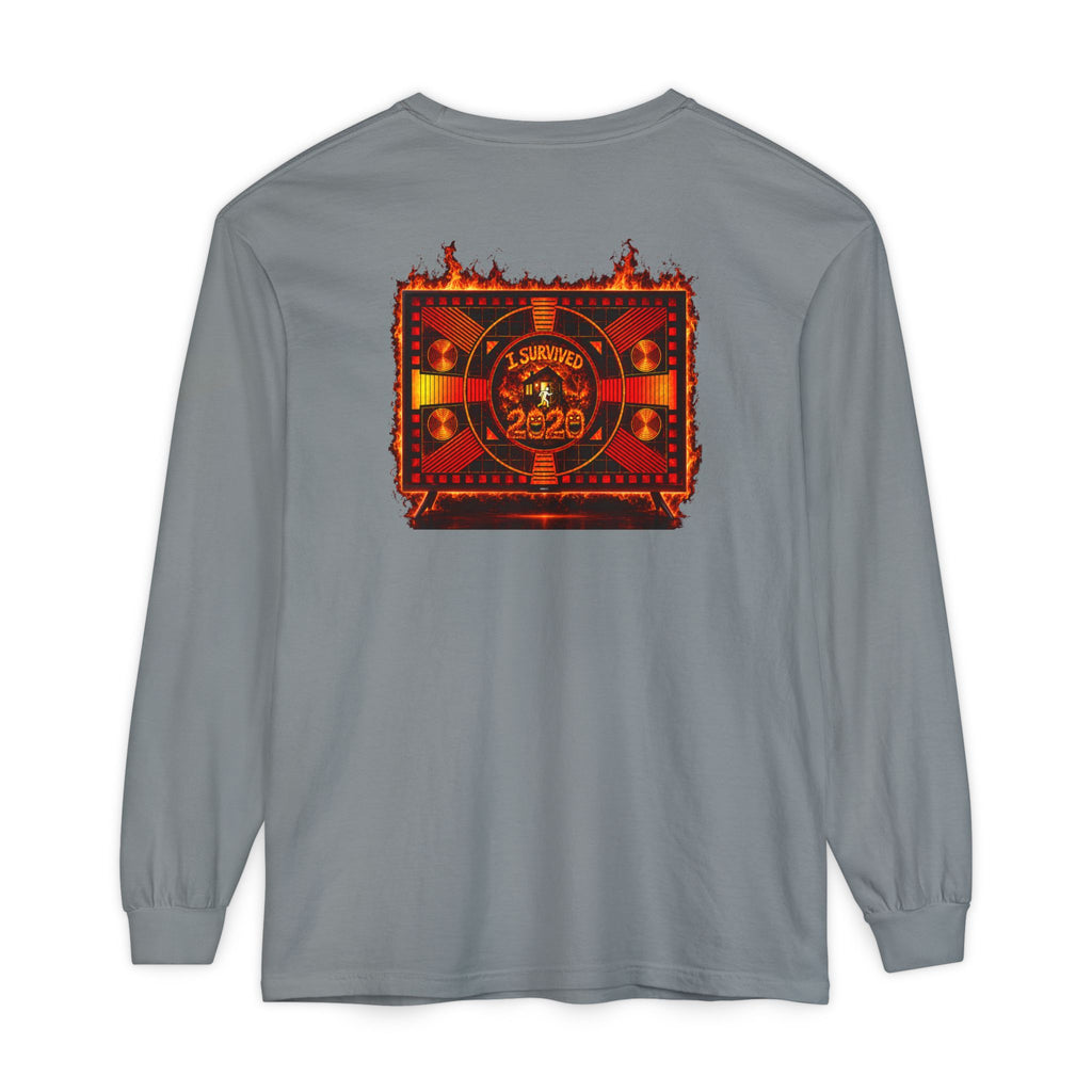 I Survived 2020 — "Please Stand By" Test Pattern Tee Wildfire Signal Edition Summer Premiere Unisex Garment-Dyed Long Sleeve T-Shirt