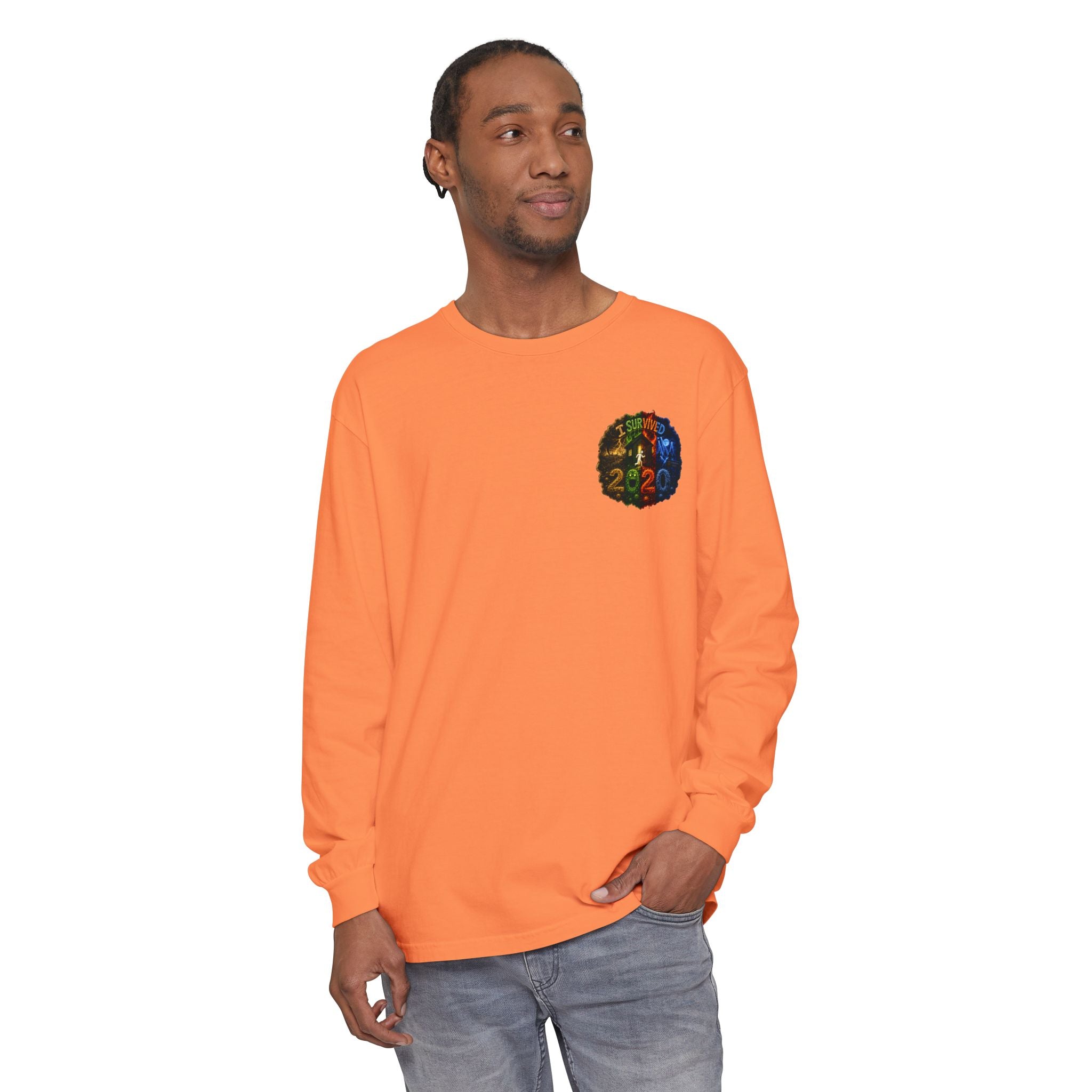 I Survived 2020 — "No Signal" Test Pattern Tee Alien Broadcast Finale Summer Premiere Garment-Dyed Long Sleeve T-Shirt