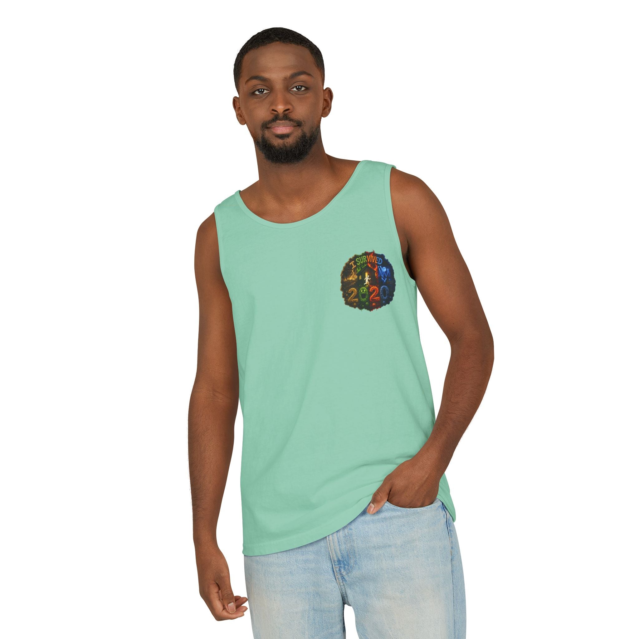 I Survived 2020 — "No Signal" Test Pattern Tee Alien Broadcast Finale Summer Premiere Unisex Garment-Dyed Tank Top