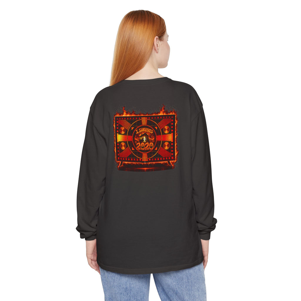 I Survived 2020 — "Please Stand By" Test Pattern Tee Wildfire Signal Edition Summer Premiere Unisex Garment-Dyed Long Sleeve T-Shirt