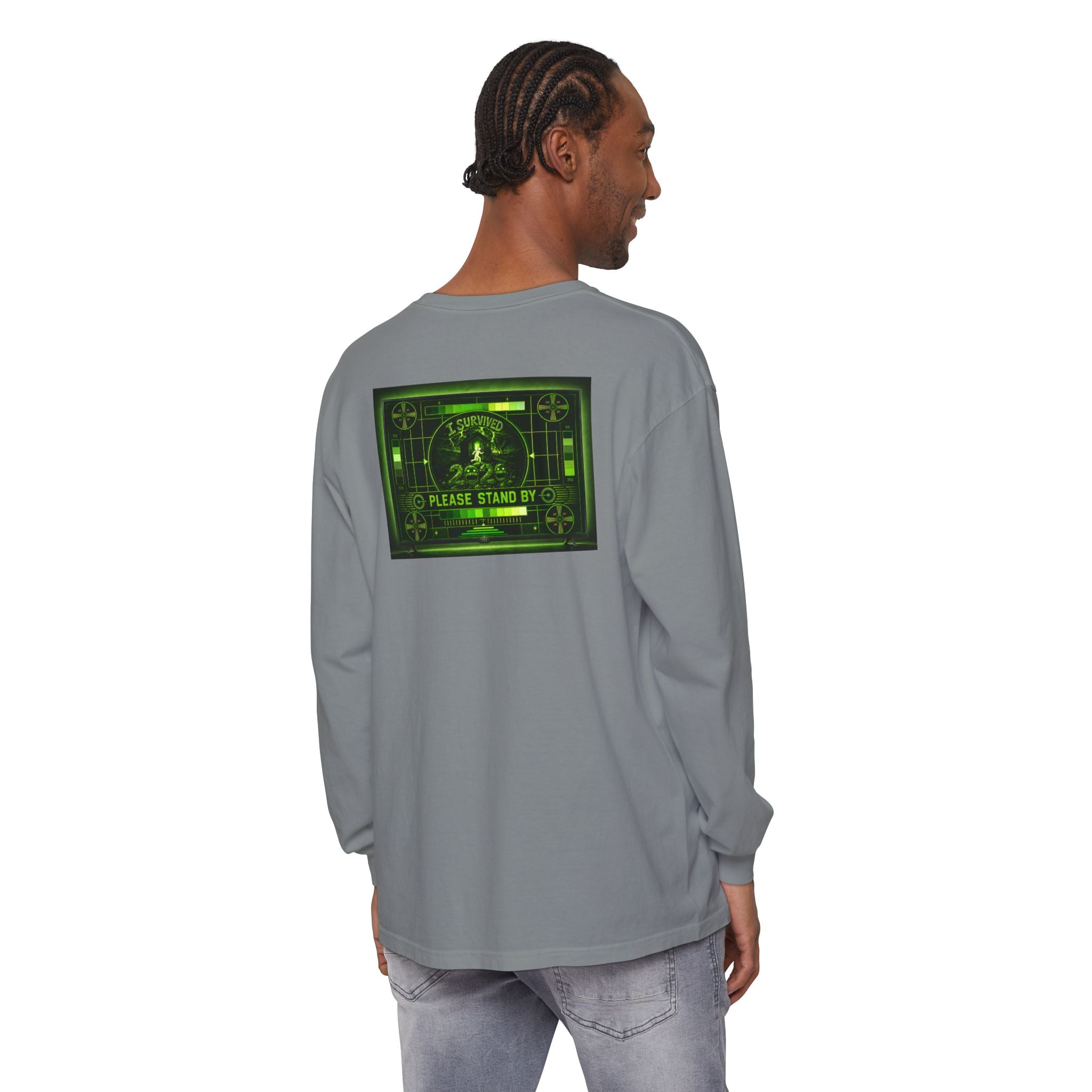 I Survived 2020 — "Please Stand By" Test Pattern Toxic Signal Tee Summer Premiere Unisex Garment-Dyed Long Sleeve T-Shirt
