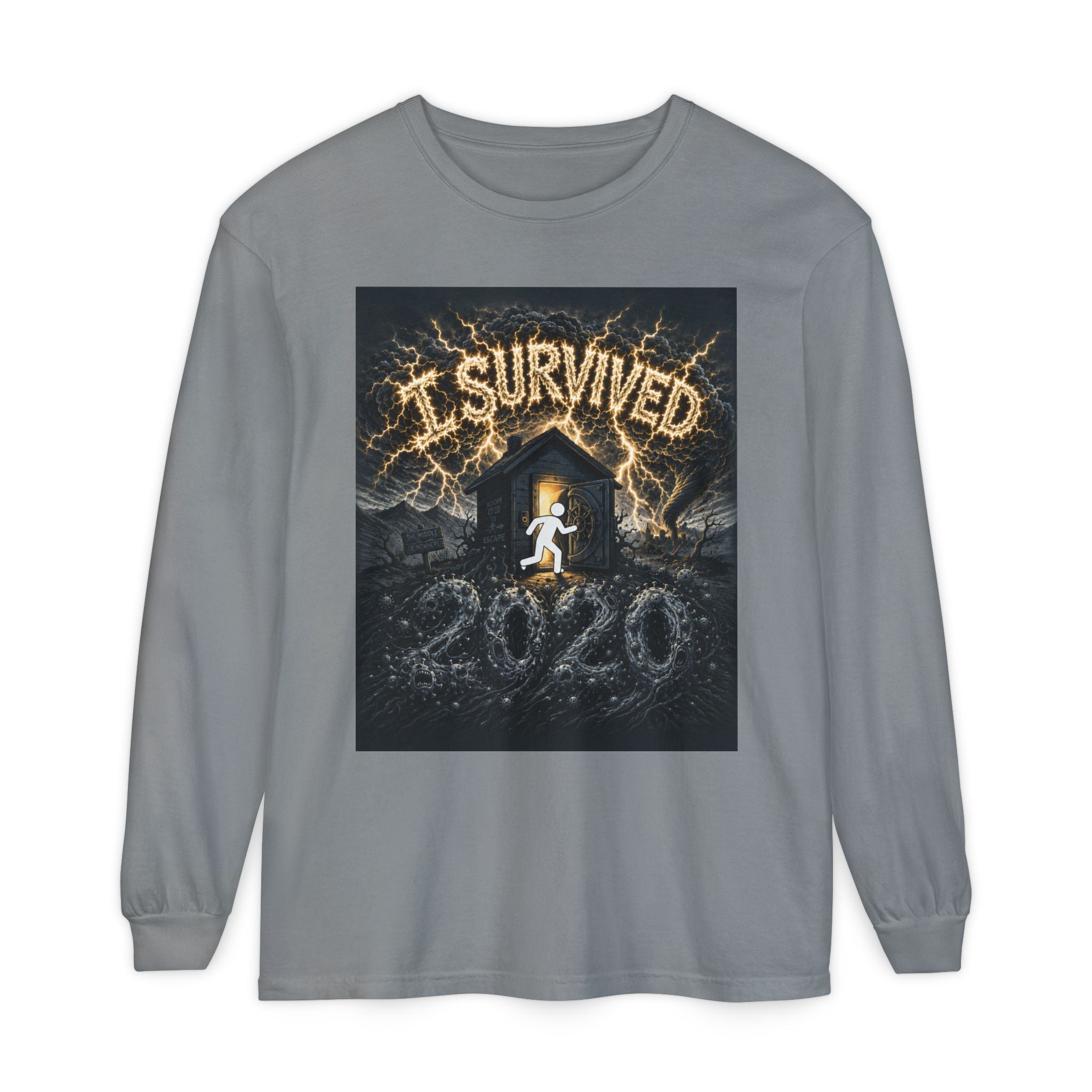 I Survived 2020 — Original Design Teaser Tee | Season 1 Premiere Drop Unisex Garment-dyed Long Sleeve T-Shirt