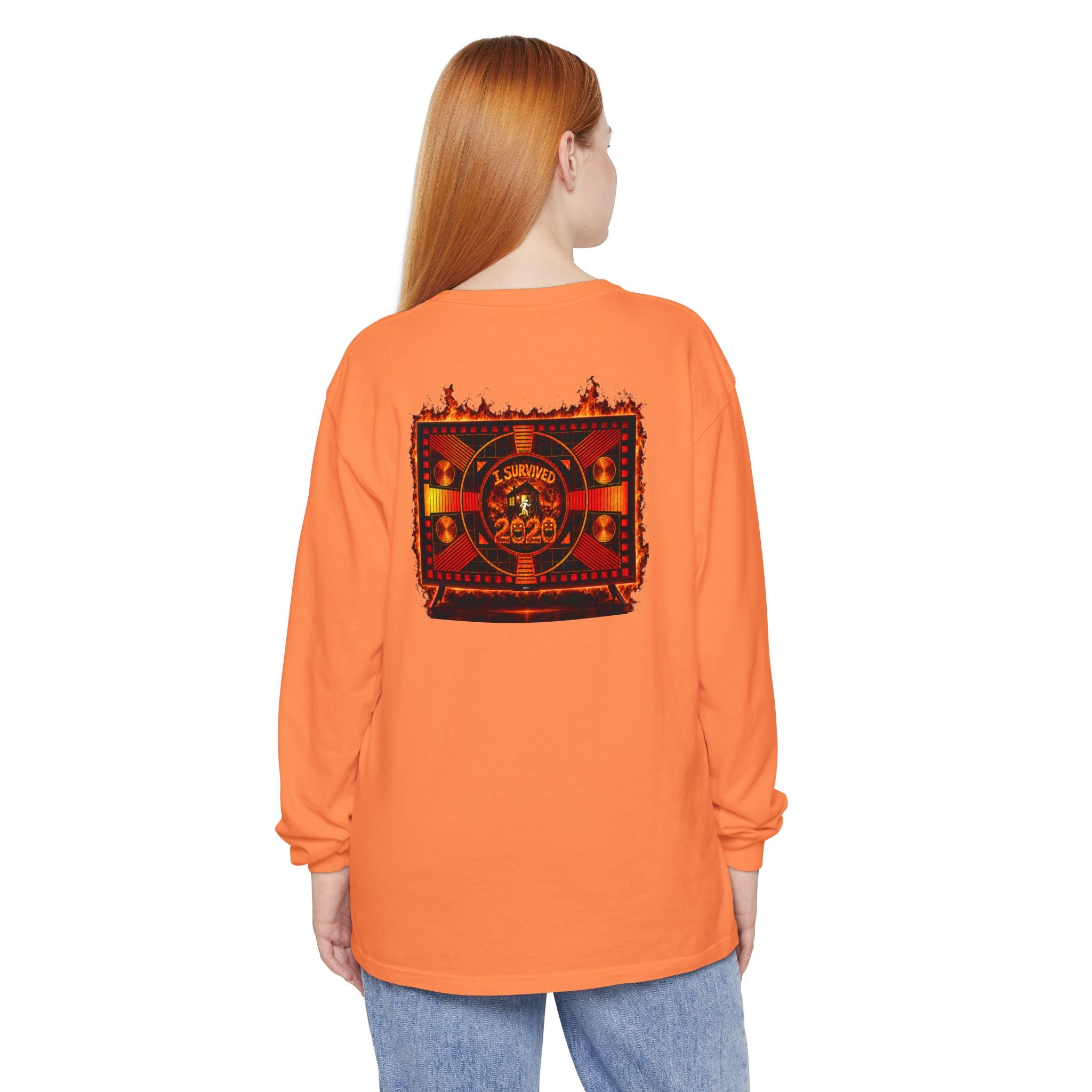 I Survived 2020 — "Please Stand By" Test Pattern Tee Wildfire Signal Edition Summer Premiere Unisex Garment-Dyed Long Sleeve T-Shirt
