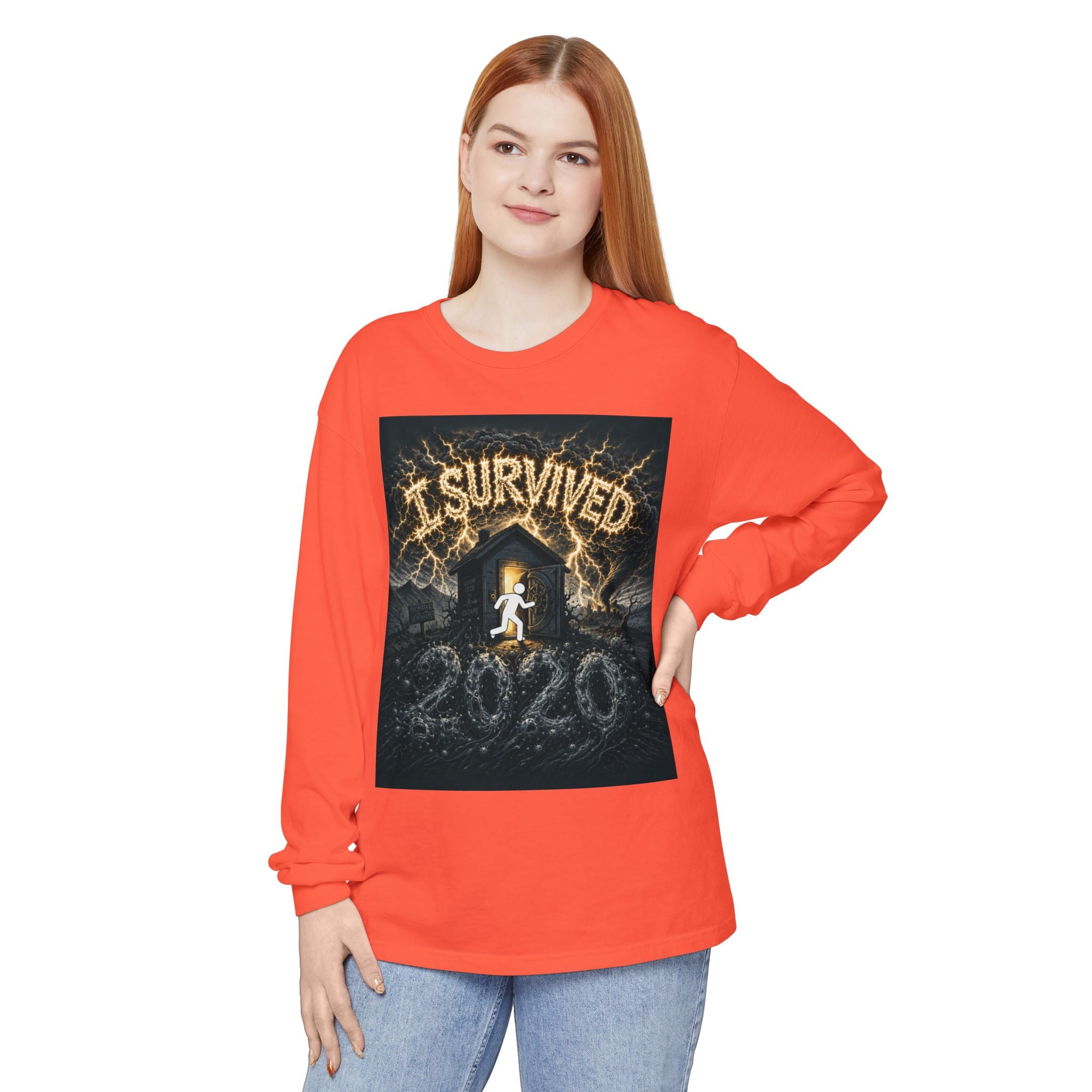 I Survived 2020 — Original Design Teaser Tee | Season 1 Premiere Drop Unisex Garment-dyed Long Sleeve T-Shirt