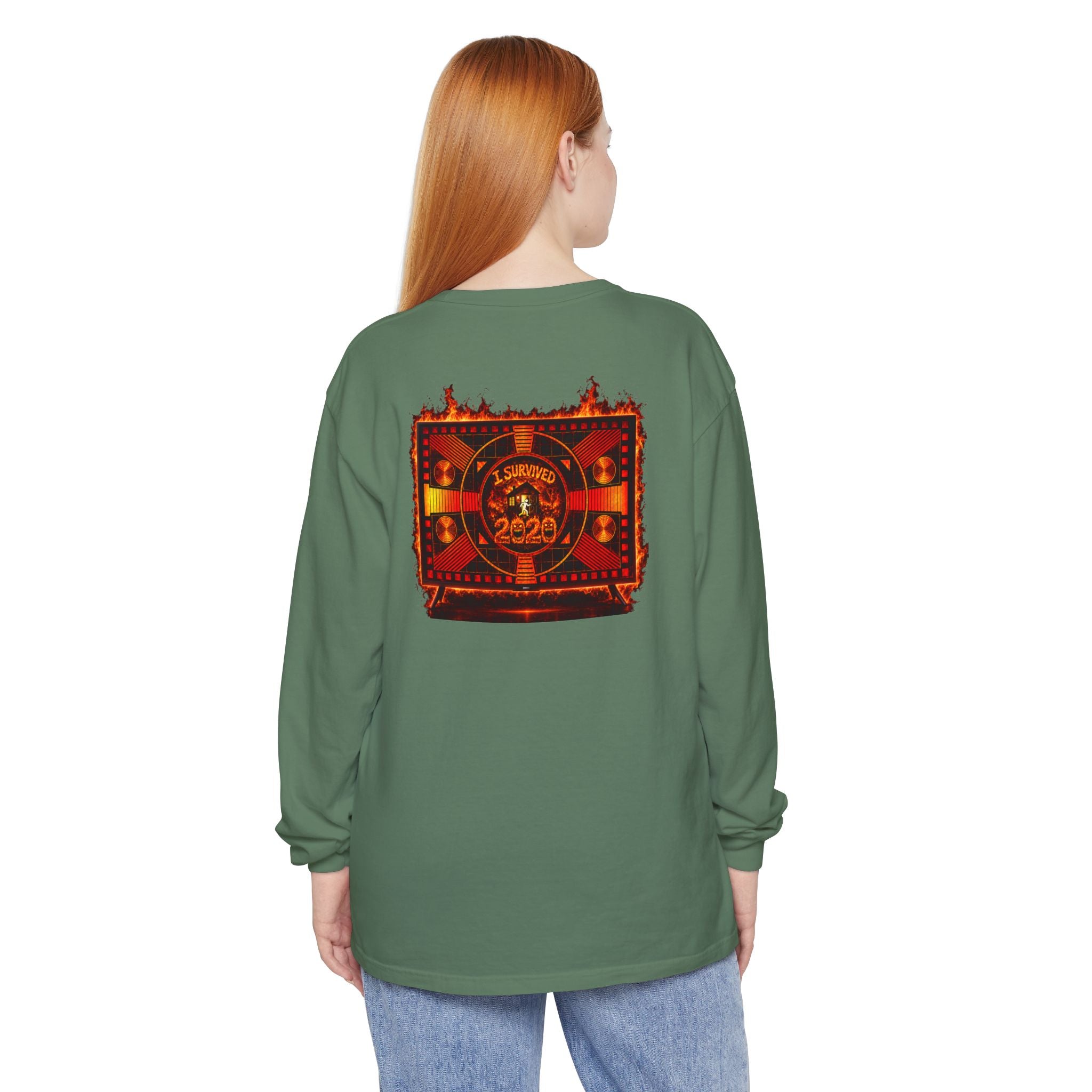 I Survived 2020 — "Please Stand By" Test Pattern Tee Wildfire Signal Edition Summer Premiere Unisex Garment-Dyed Long Sleeve T-Shirt