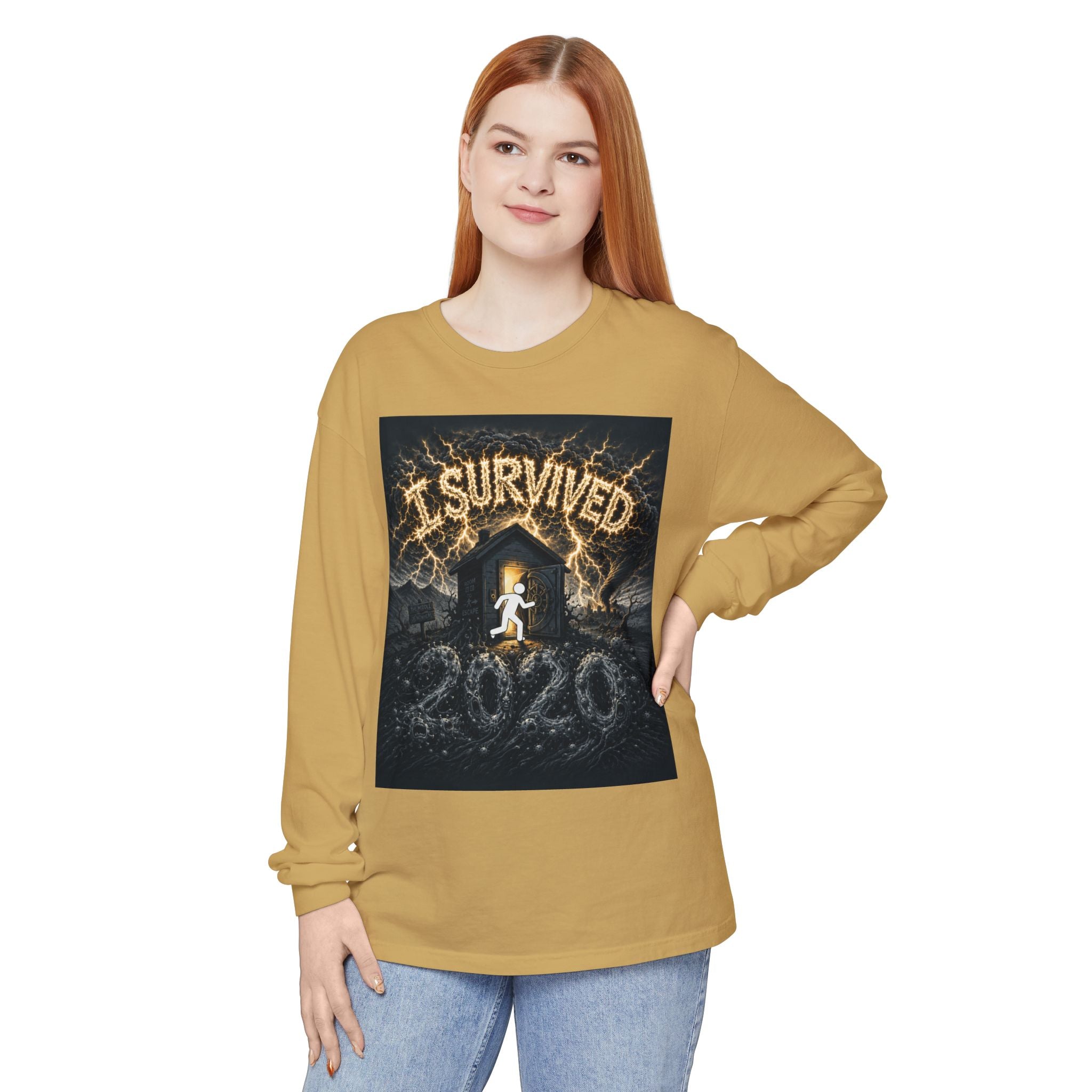 I Survived 2020 — Original Design Teaser Tee | Season 1 Premiere Drop Unisex Garment-dyed Long Sleeve T-Shirt