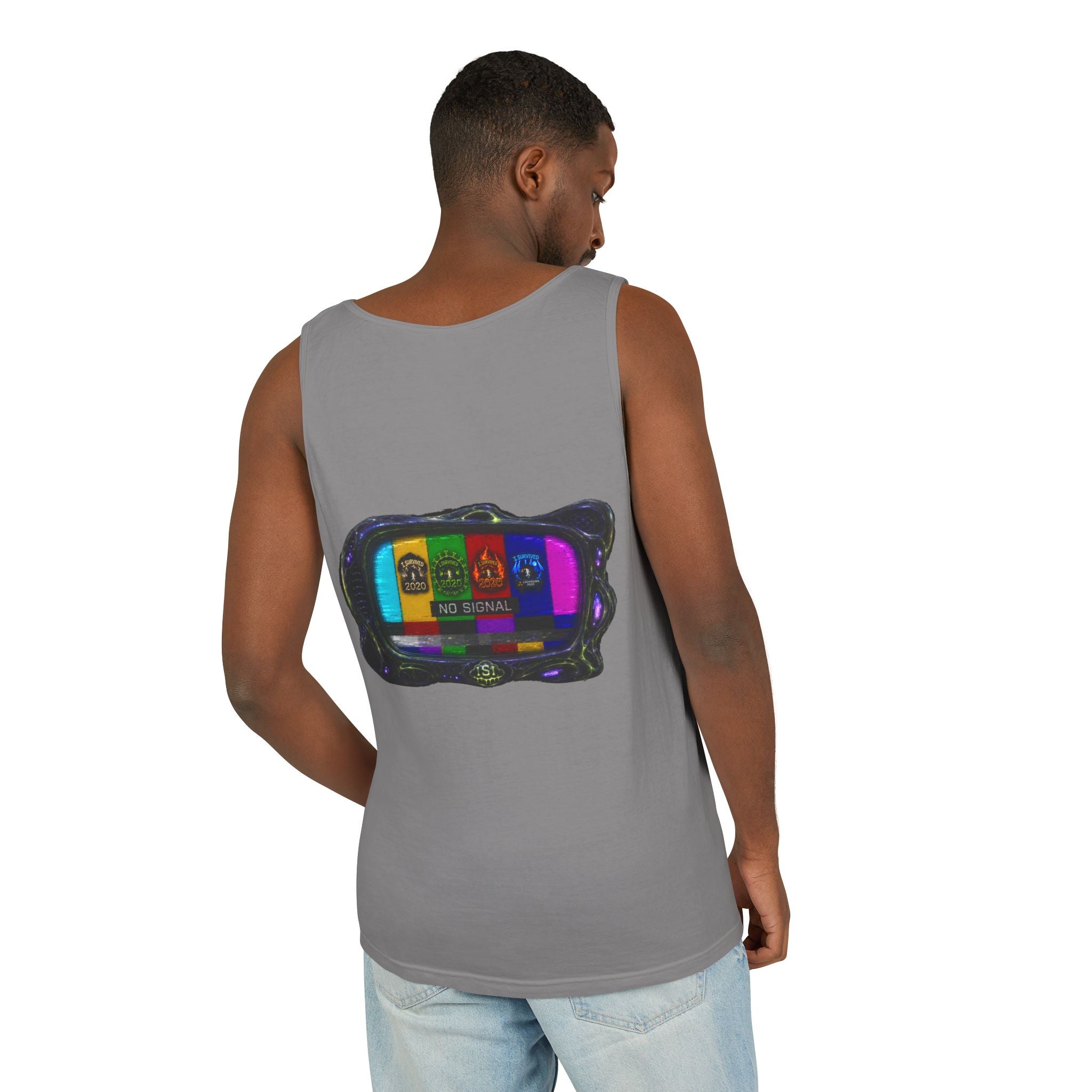 I Survived 2020 — "No Signal" Test Pattern Tee Alien Broadcast Finale Summer Premiere Unisex Garment-Dyed Tank Top