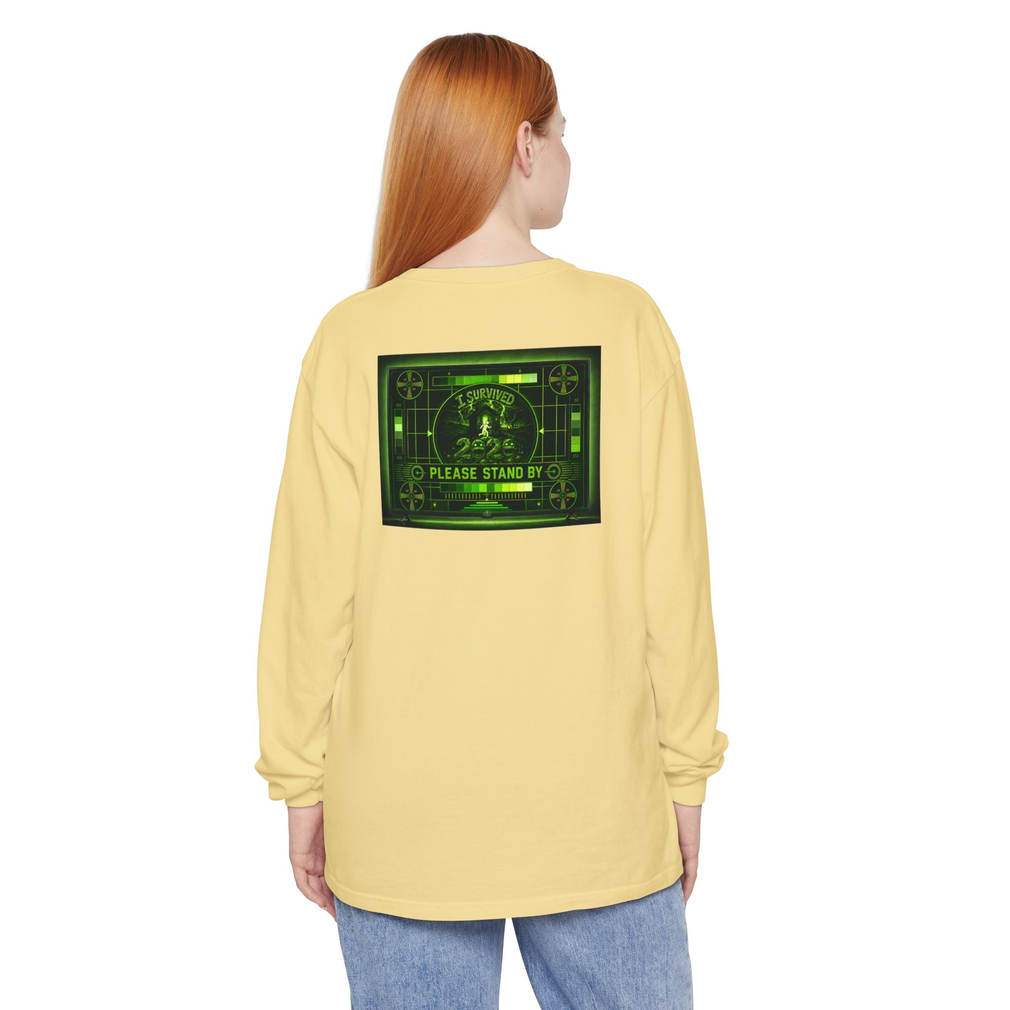 I Survived 2020 — "Please Stand By" Test Pattern Toxic Signal Tee Summer Premiere Unisex Garment-Dyed Long Sleeve T-Shirt