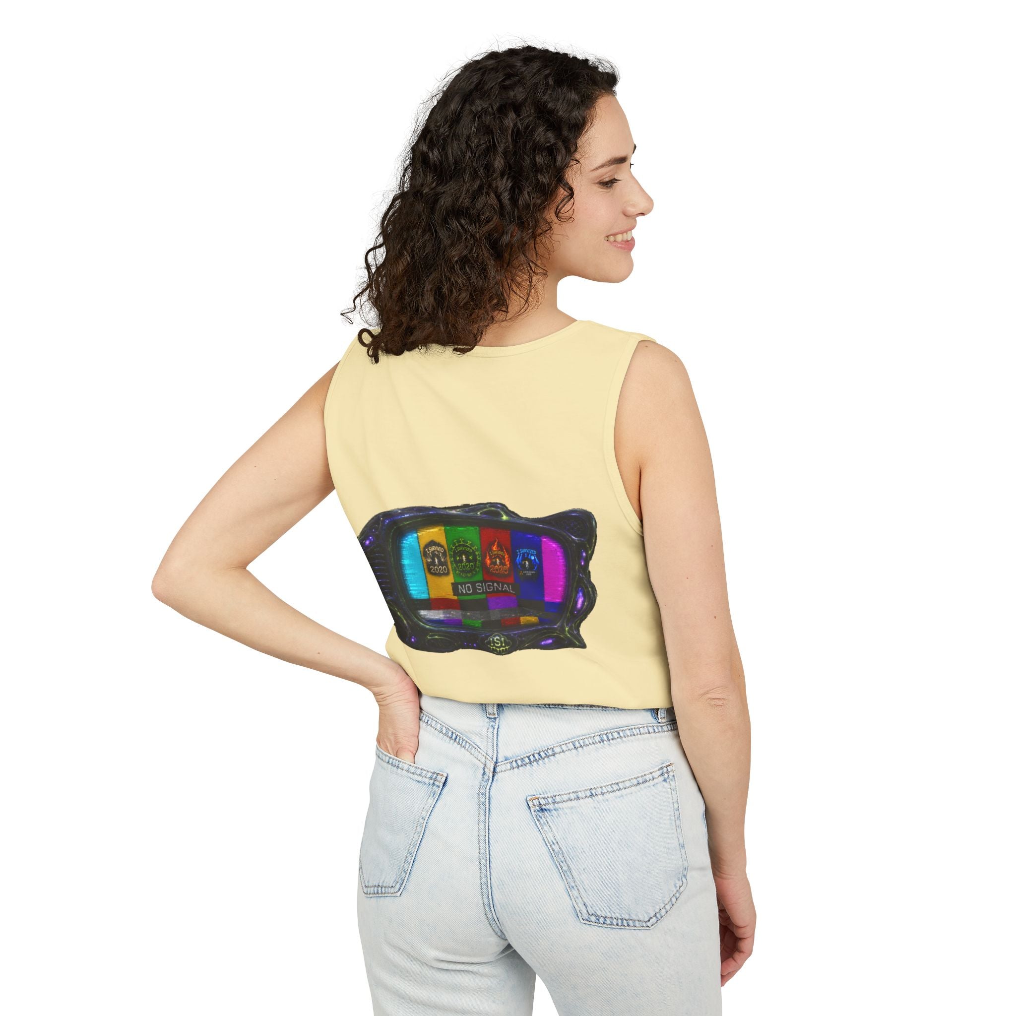 I Survived 2020 — "No Signal" Test Pattern Tee Alien Broadcast Finale Summer Premiere Unisex Garment-Dyed Tank Top
