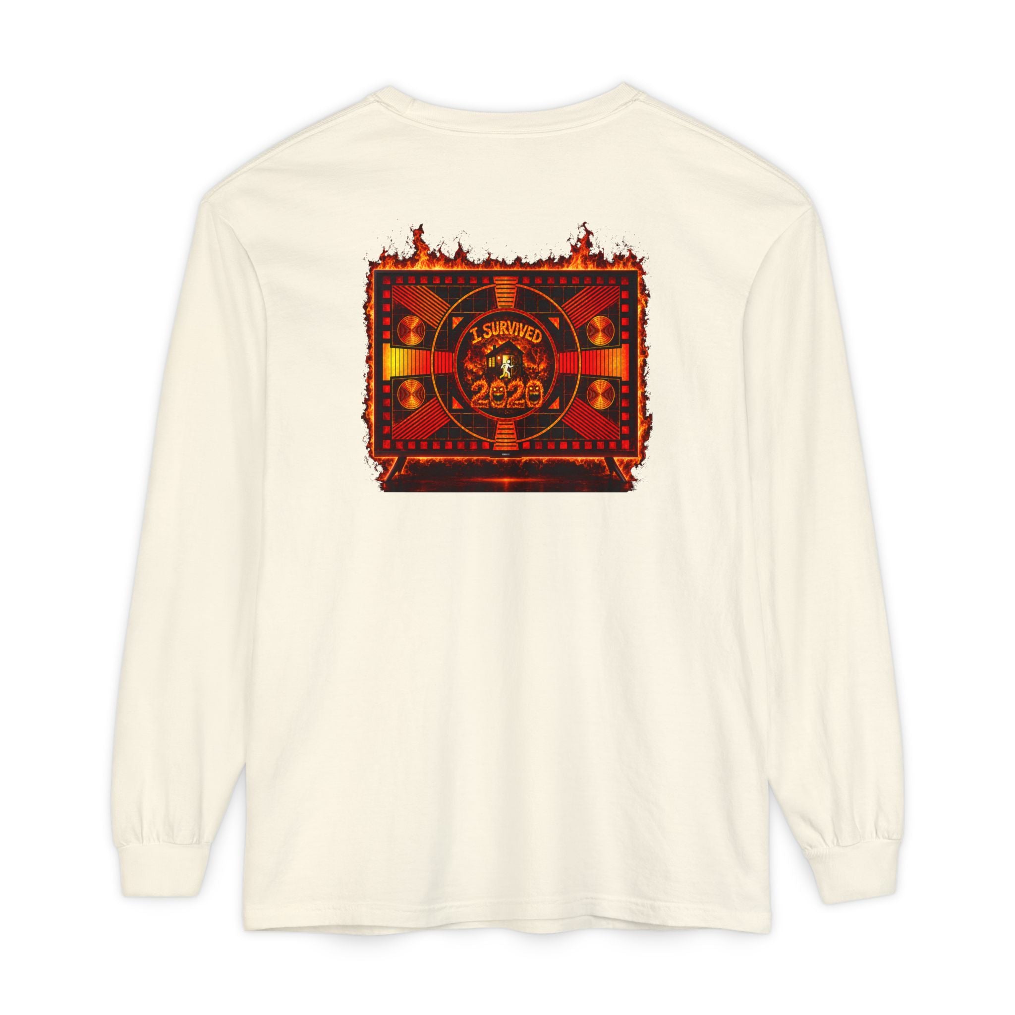 I Survived 2020 — "Please Stand By" Test Pattern Tee Wildfire Signal Edition Summer Premiere Unisex Garment-Dyed Long Sleeve T-Shirt