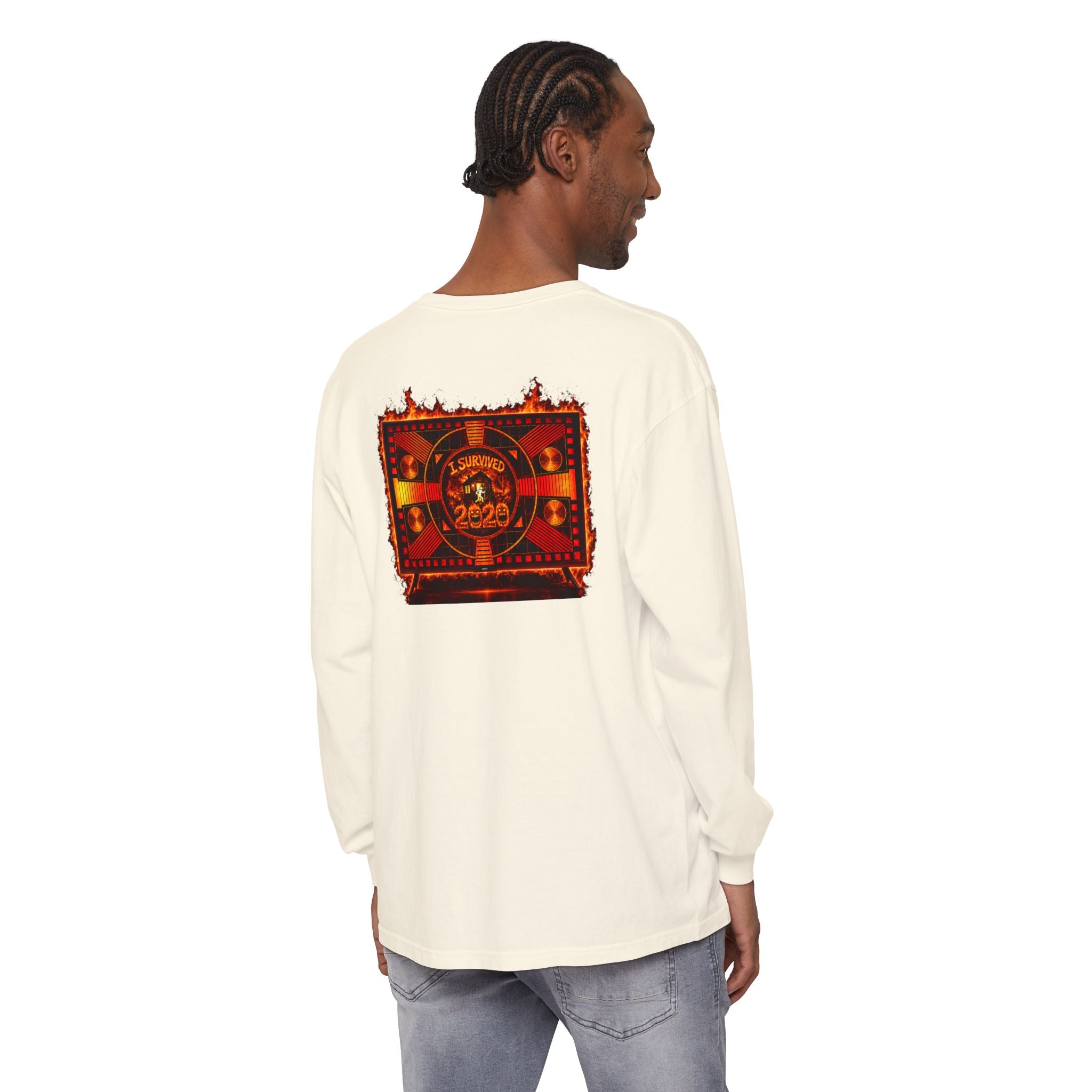 I Survived 2020 — "Please Stand By" Test Pattern Tee Wildfire Signal Edition Summer Premiere Unisex Garment-Dyed Long Sleeve T-Shirt