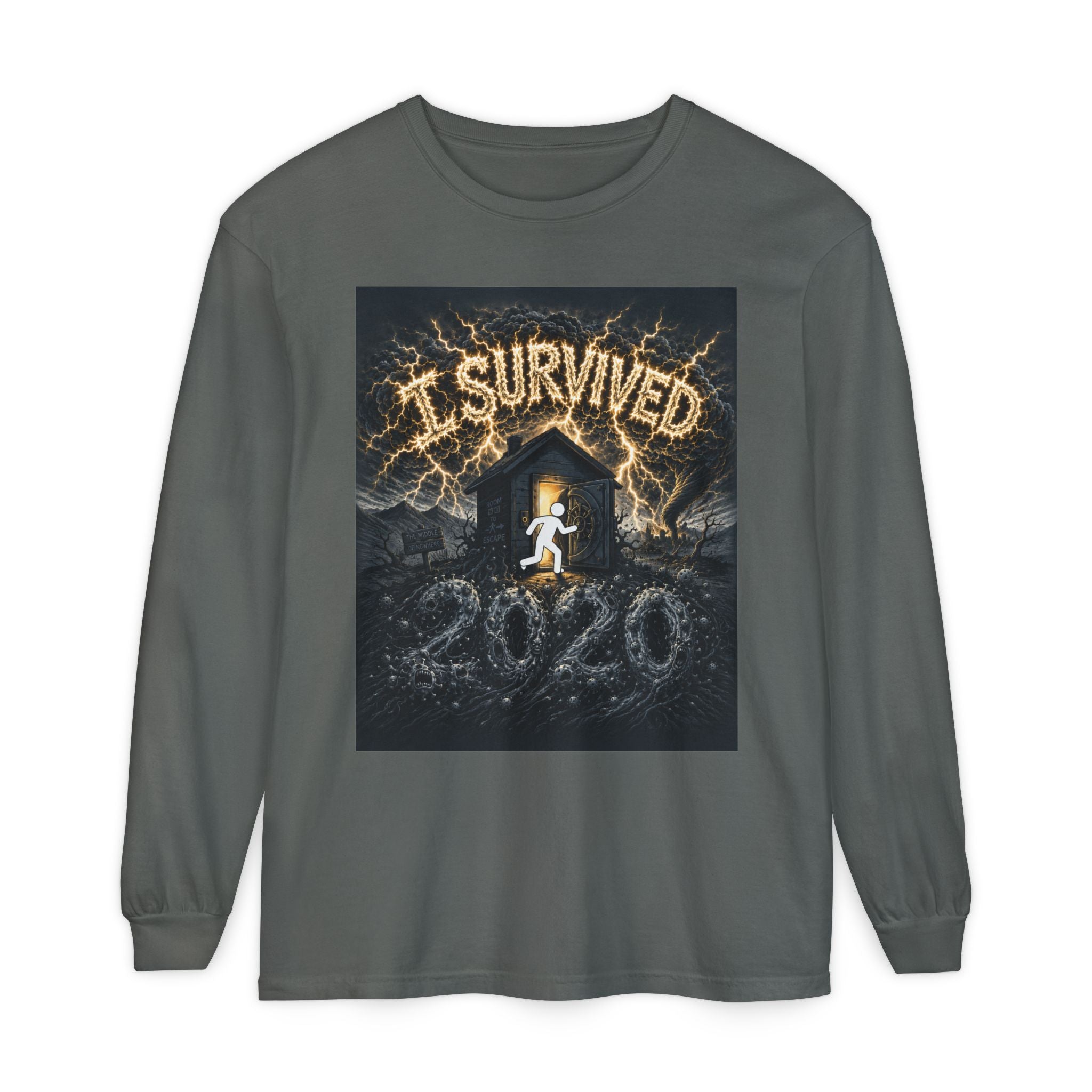 I Survived 2020 — Original Design Teaser Tee | Season 1 Premiere Drop Unisex Garment-dyed Long Sleeve T-Shirt