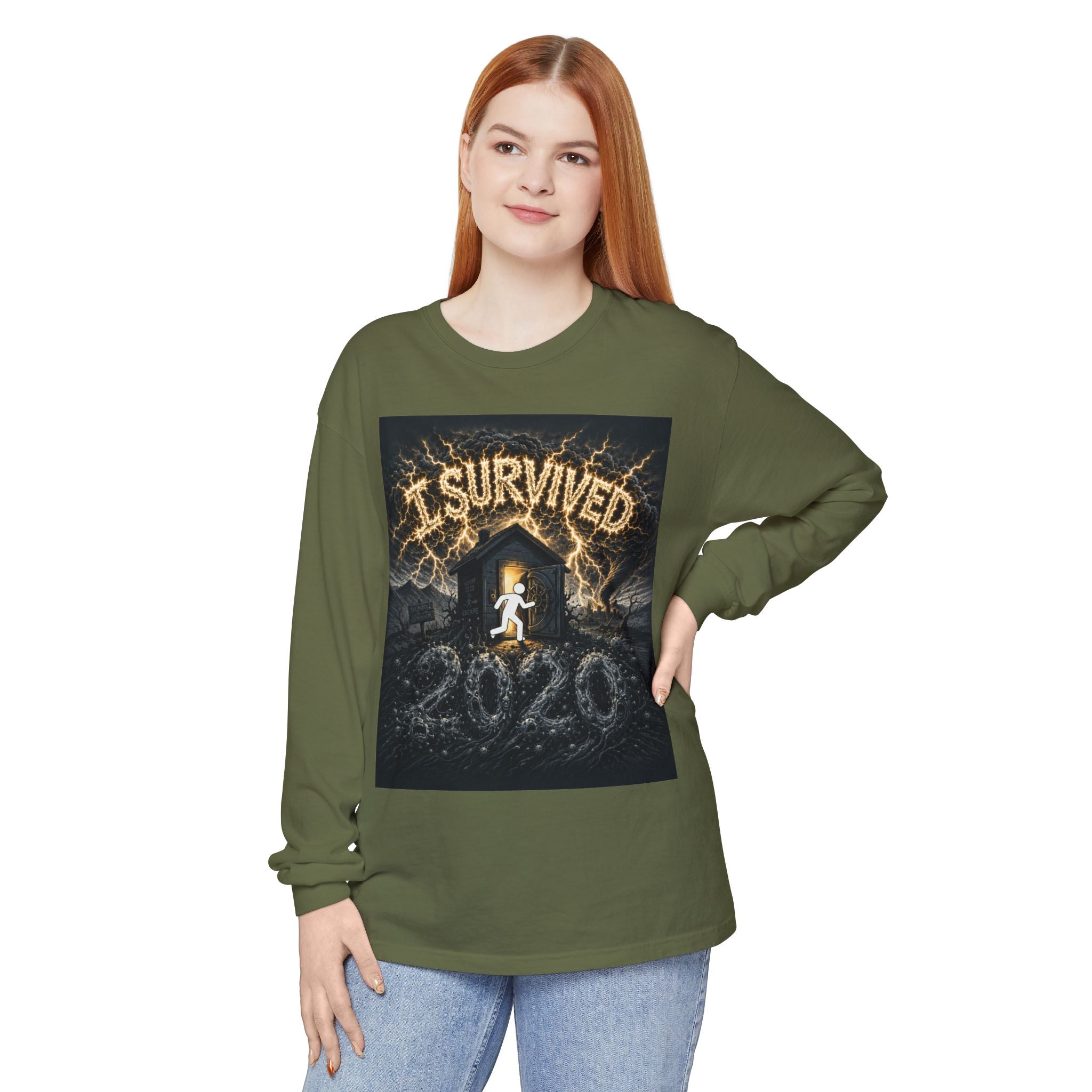 I Survived 2020 — Original Design Teaser Tee | Season 1 Premiere Drop Unisex Garment-dyed Long Sleeve T-Shirt