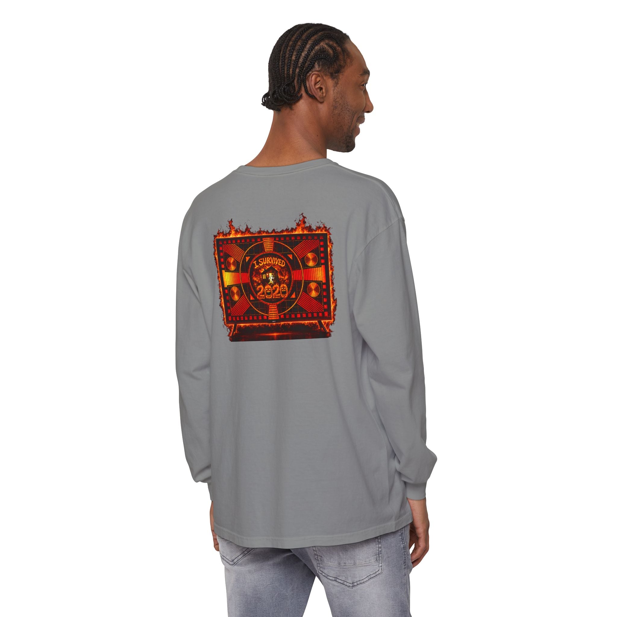 I Survived 2020 — "Please Stand By" Test Pattern Tee Wildfire Signal Edition Summer Premiere Unisex Garment-Dyed Long Sleeve T-Shirt
