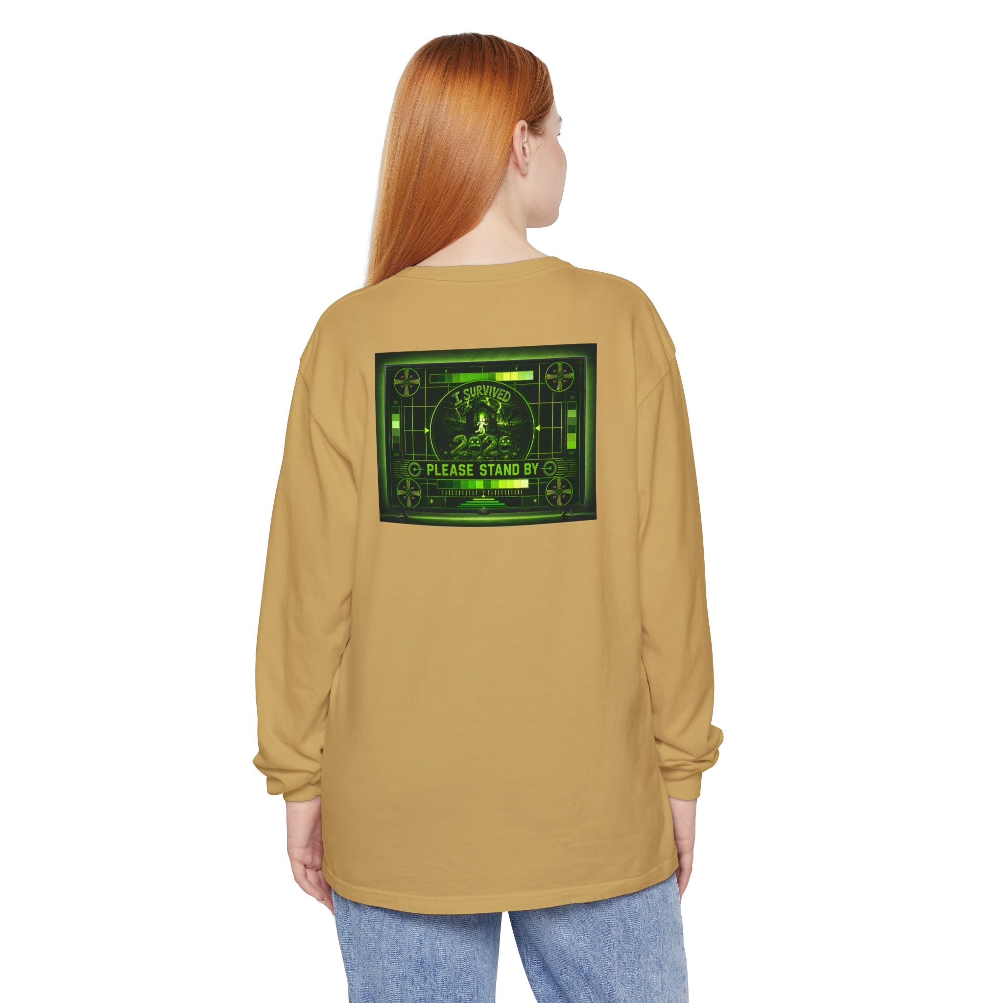 I Survived 2020 — "Please Stand By" Test Pattern Toxic Signal Tee Summer Premiere Unisex Garment-Dyed Long Sleeve T-Shirt