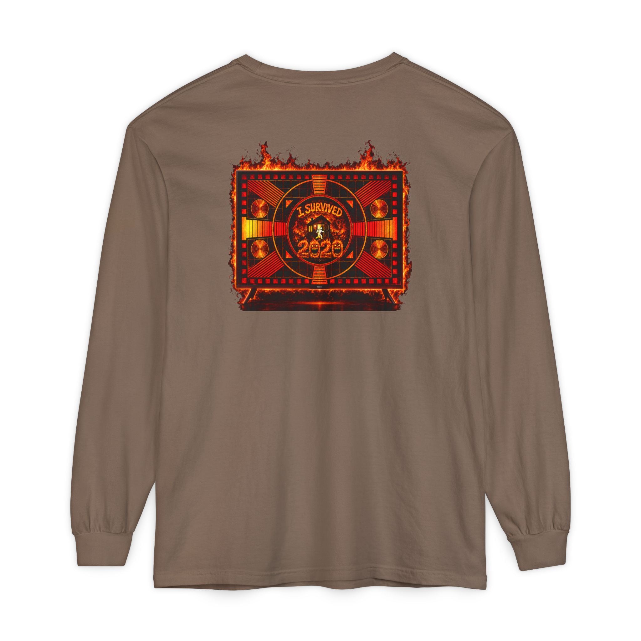 I Survived 2020 — "Please Stand By" Test Pattern Tee Wildfire Signal Edition Summer Premiere Unisex Garment-Dyed Long Sleeve T-Shirt