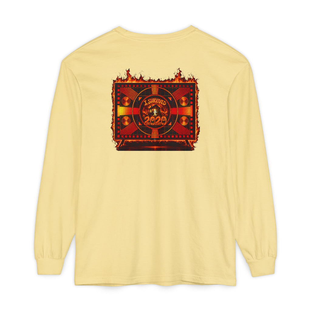 I Survived 2020 — "Please Stand By" Test Pattern Tee Wildfire Signal Edition Summer Premiere Unisex Garment-Dyed Long Sleeve T-Shirt
