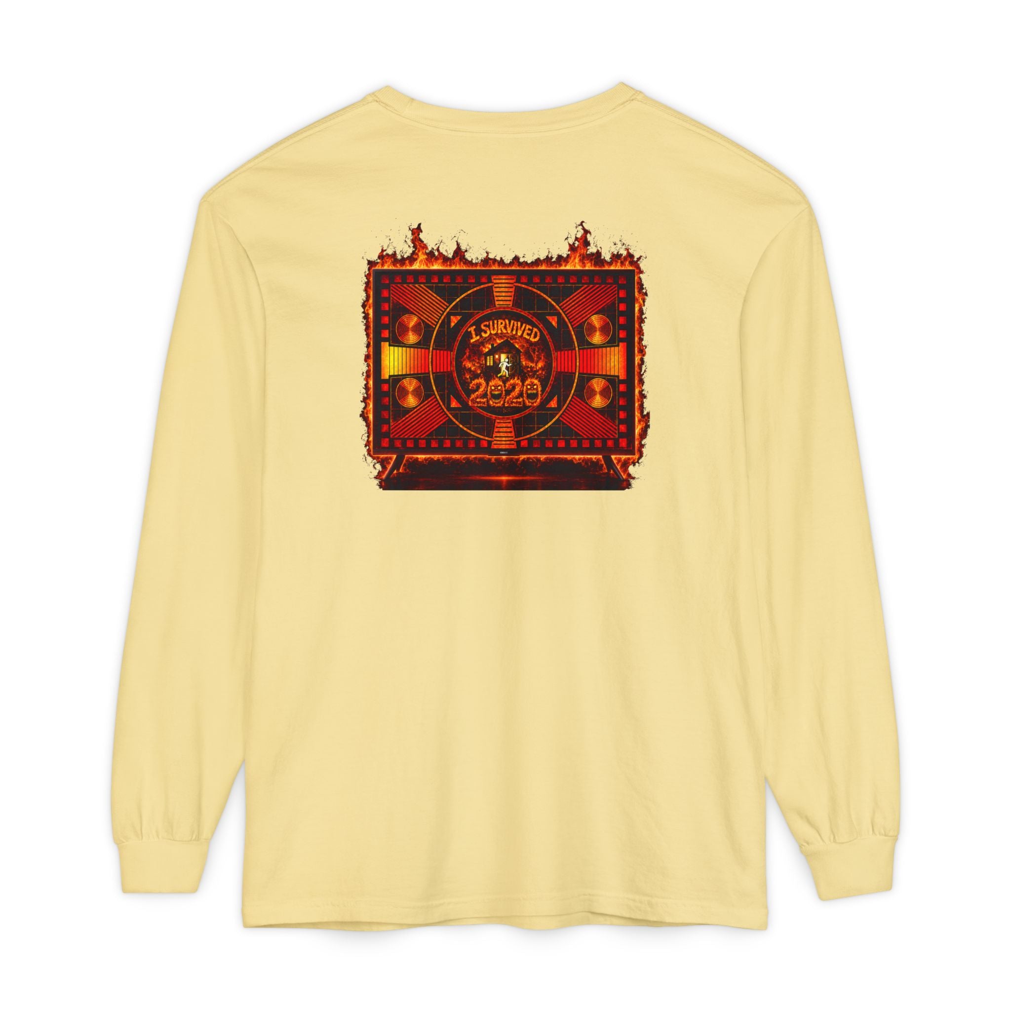 I Survived 2020 — "Please Stand By" Test Pattern Tee Wildfire Signal Edition Summer Premiere Unisex Garment-Dyed Long Sleeve T-Shirt