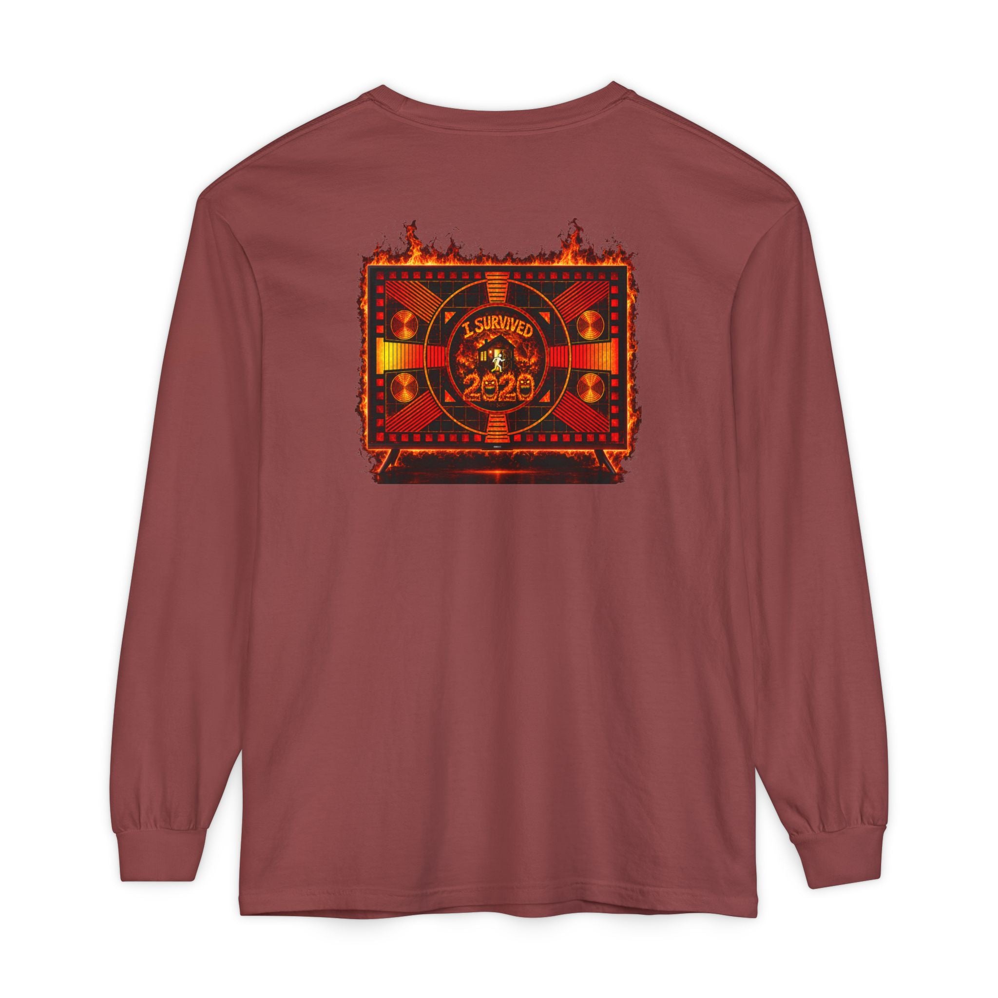 I Survived 2020 — "Please Stand By" Test Pattern Tee Wildfire Signal Edition Summer Premiere Unisex Garment-Dyed Long Sleeve T-Shirt
