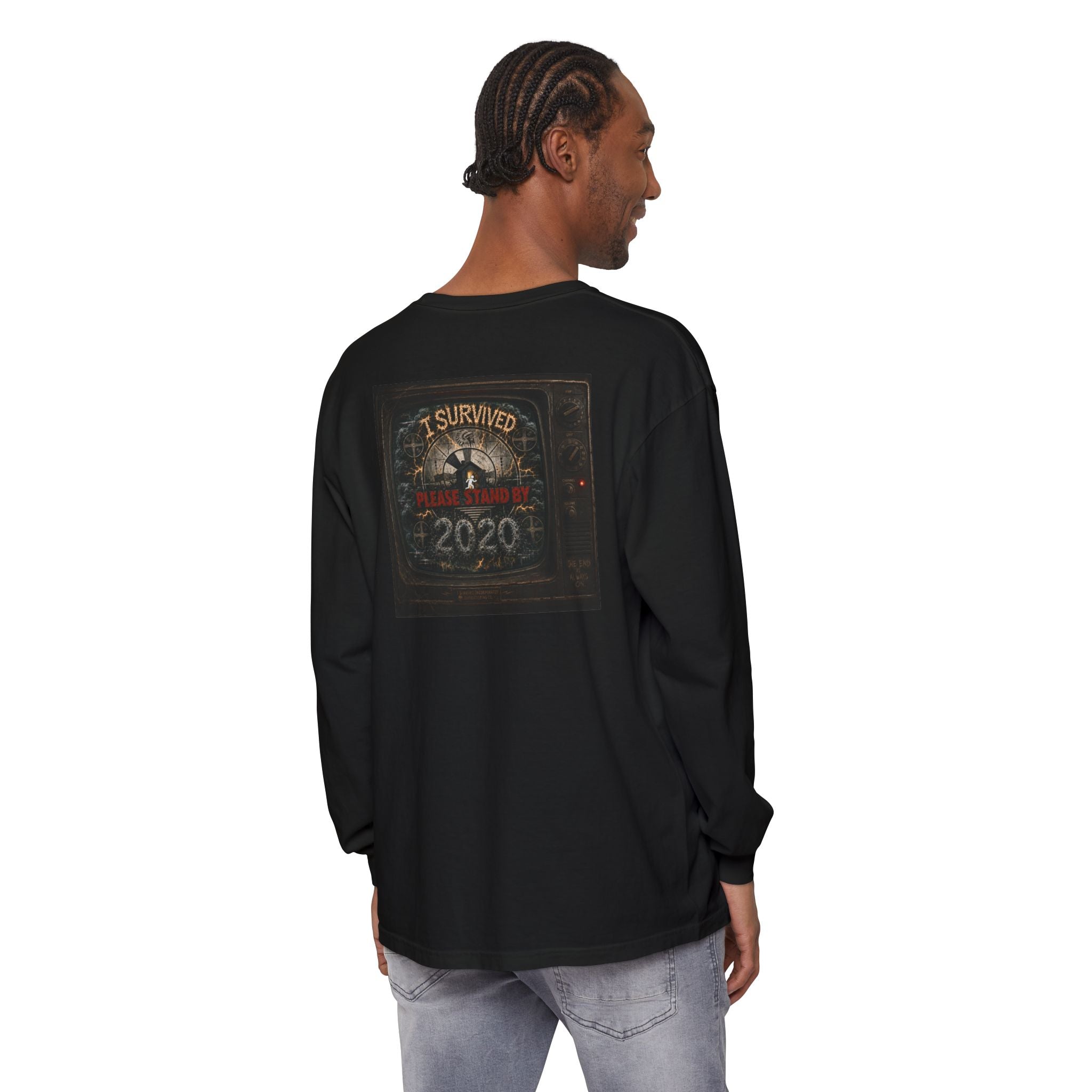 I Survived 2020 — "Please Stand By" Test Pattern Tee Summer Premier Unisex Garment-Dyed Long Sleeve T-Shirt