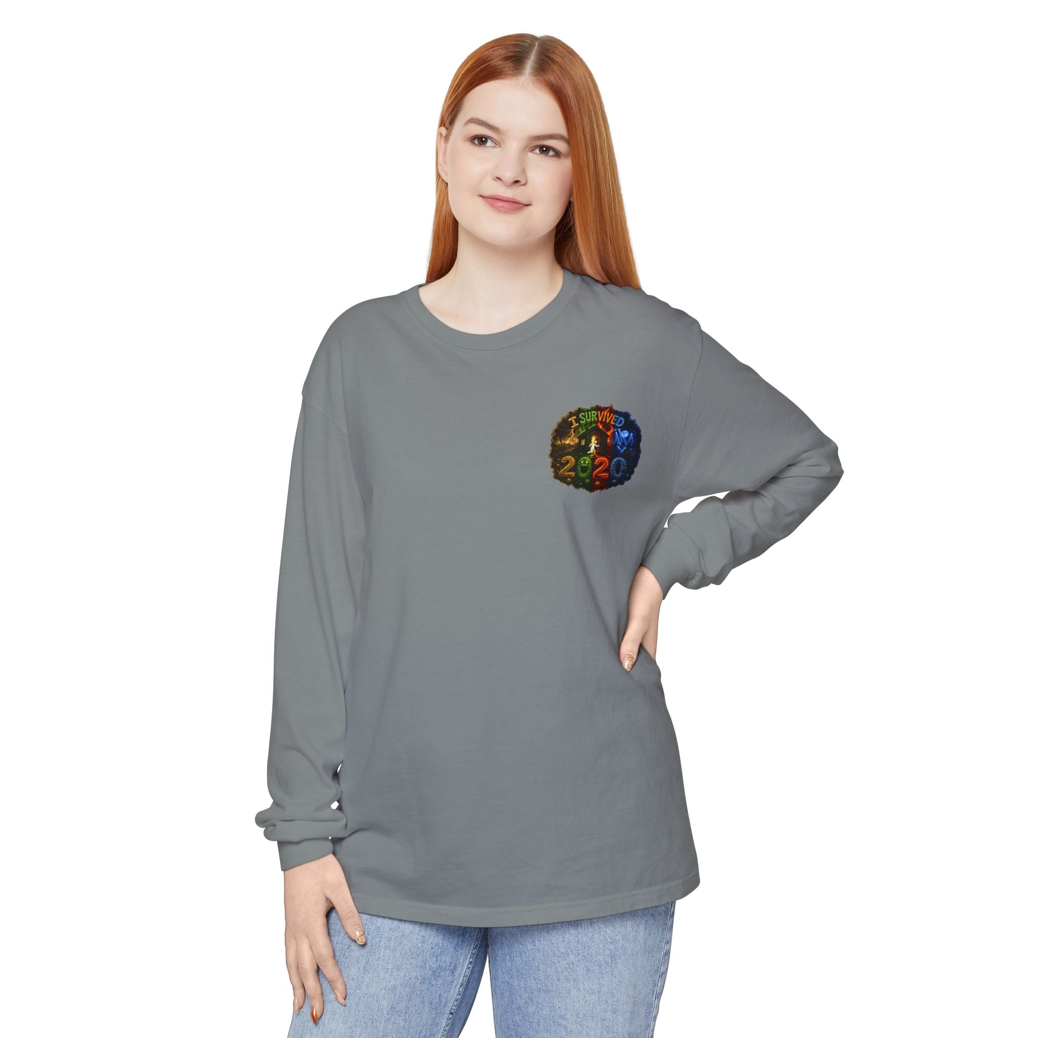 I Survived 2020 — "No Signal" Test Pattern Tee Alien Broadcast Finale Summer Premiere Garment-Dyed Long Sleeve T-Shirt