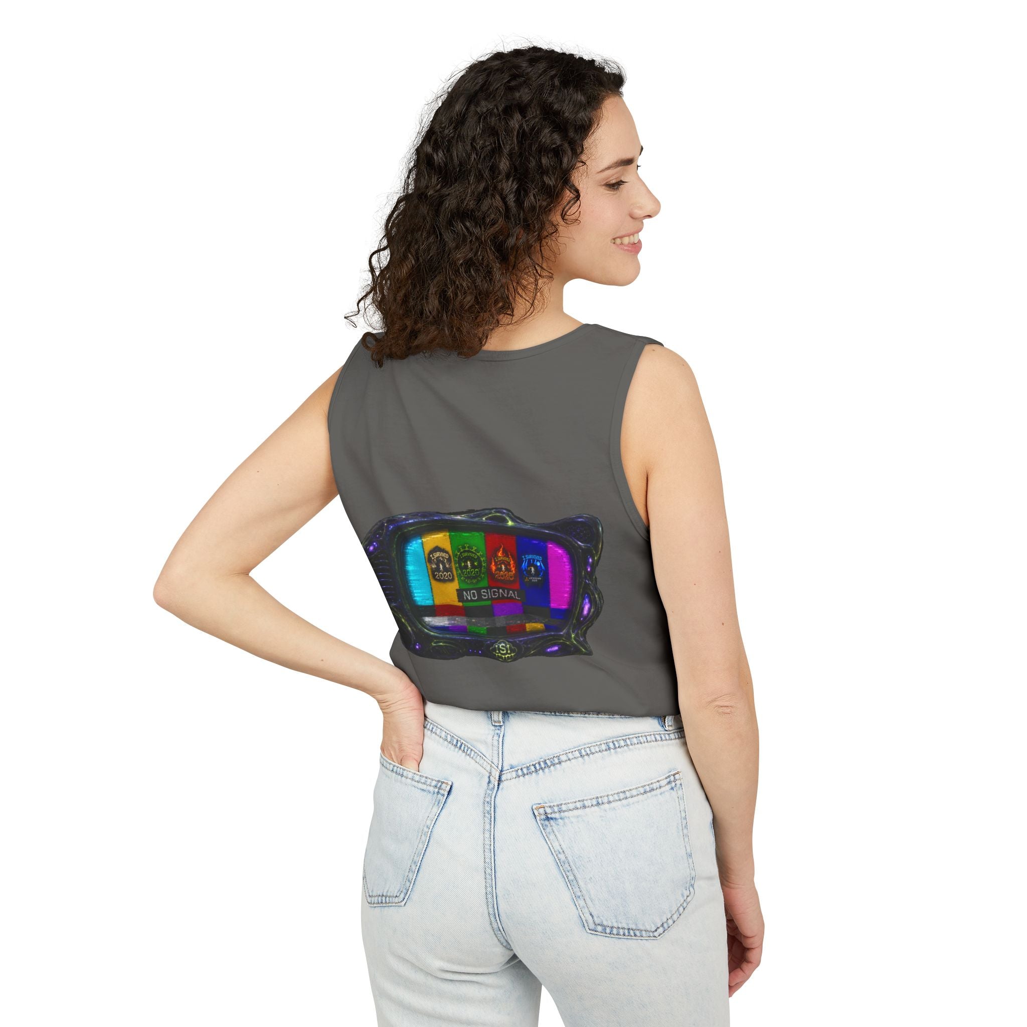 I Survived 2020 — "No Signal" Test Pattern Tee Alien Broadcast Finale Summer Premiere Unisex Garment-Dyed Tank Top