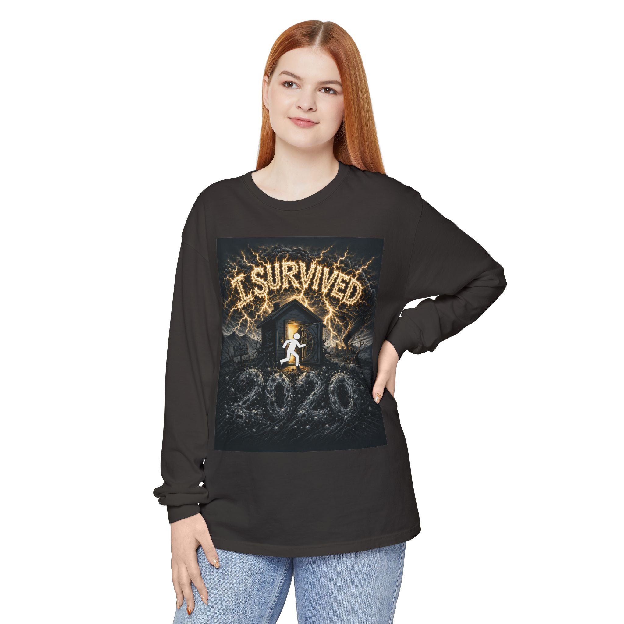 I Survived 2020 — Original Design Teaser Tee | Season 1 Premiere Drop Unisex Garment-dyed Long Sleeve T-Shirt