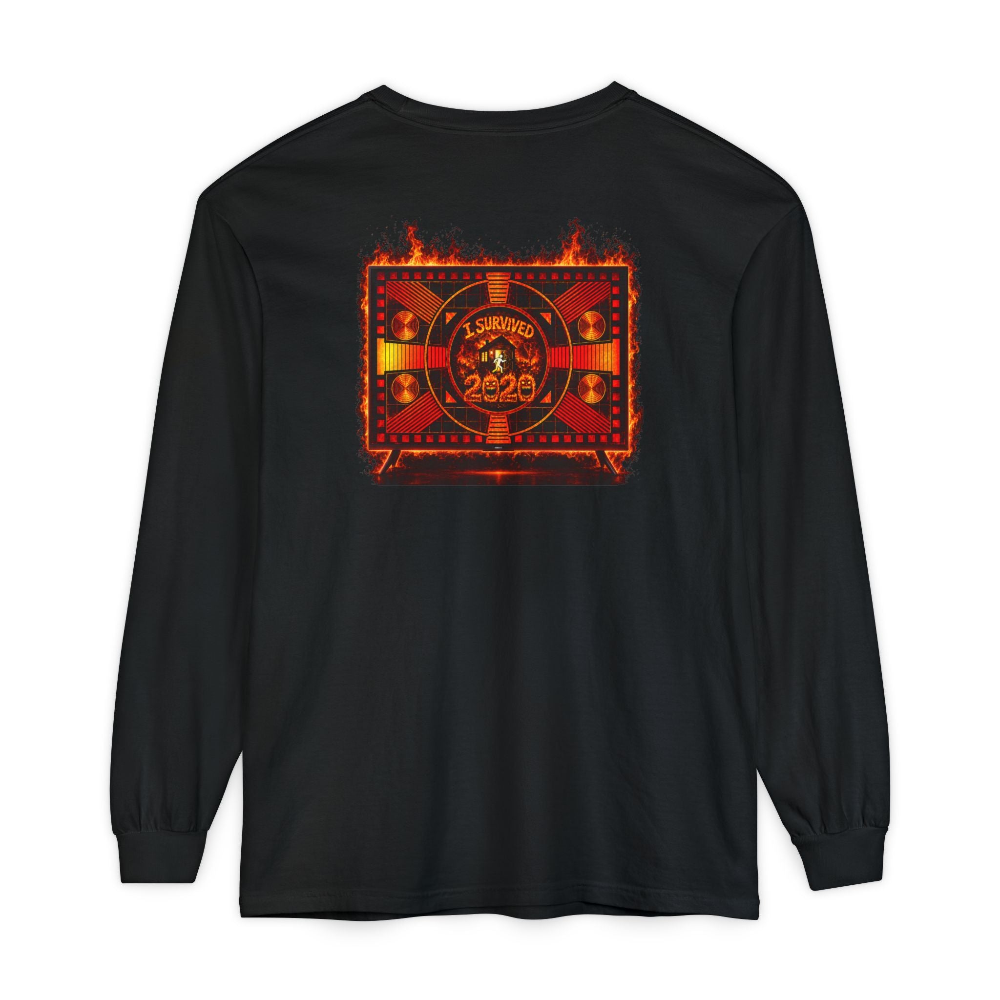 I Survived 2020 — "Please Stand By" Test Pattern Tee Wildfire Signal Edition Summer Premiere Unisex Garment-Dyed Long Sleeve T-Shirt