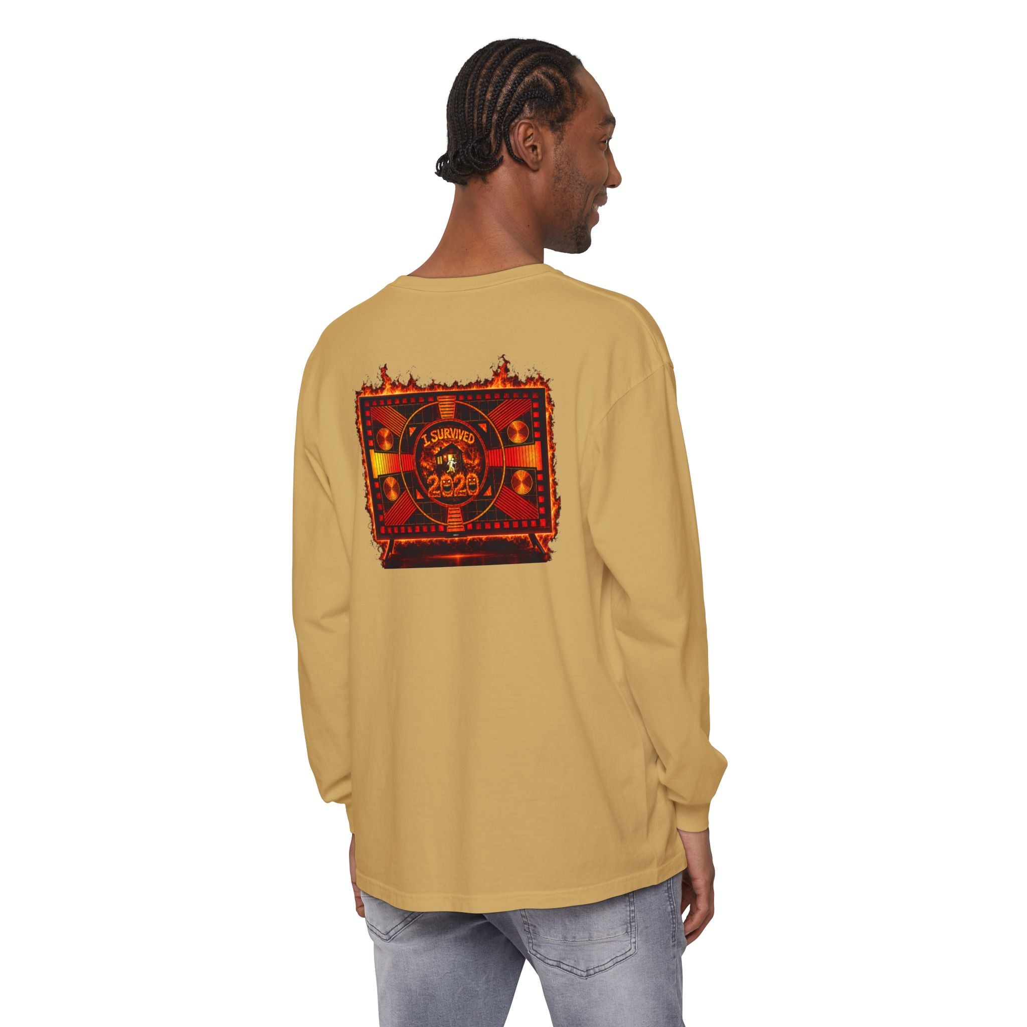 I Survived 2020 — "Please Stand By" Test Pattern Tee Wildfire Signal Edition Summer Premiere Unisex Garment-Dyed Long Sleeve T-Shirt