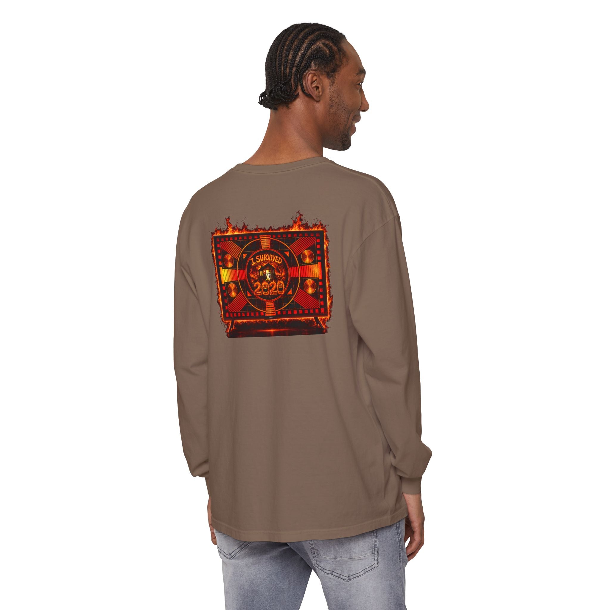 I Survived 2020 — "Please Stand By" Test Pattern Tee Wildfire Signal Edition Summer Premiere Unisex Garment-Dyed Long Sleeve T-Shirt