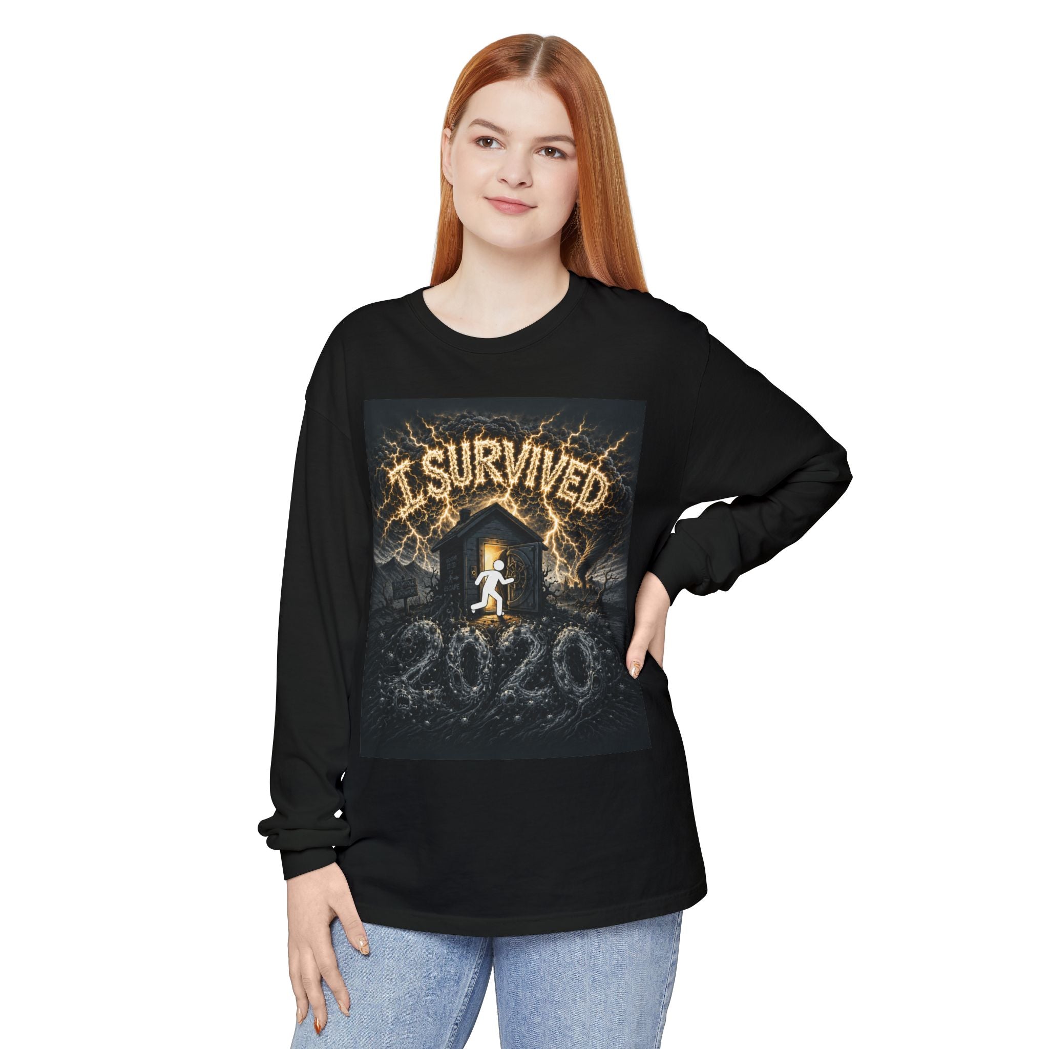 I Survived 2020 — Original Design Teaser Tee | Season 1 Premiere Drop Unisex Garment-dyed Long Sleeve T-Shirt