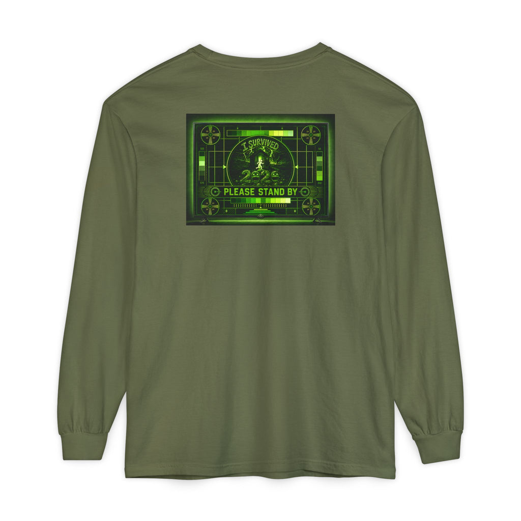 I Survived 2020 — "Please Stand By" Test Pattern Toxic Signal Tee Summer Premiere Unisex Garment-Dyed Long Sleeve T-Shirt