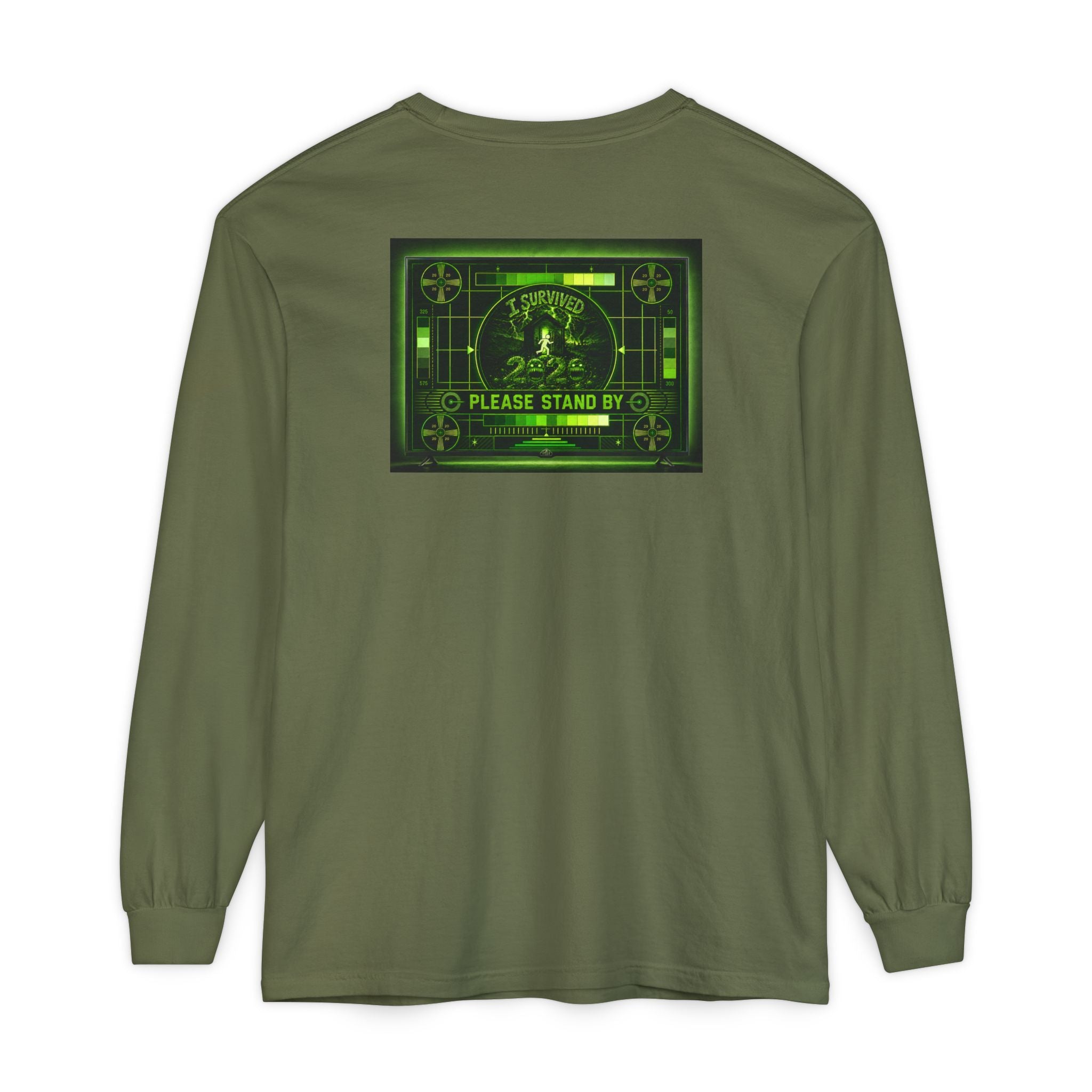I Survived 2020 — "Please Stand By" Test Pattern Toxic Signal Tee Summer Premiere Unisex Garment-Dyed Long Sleeve T-Shirt