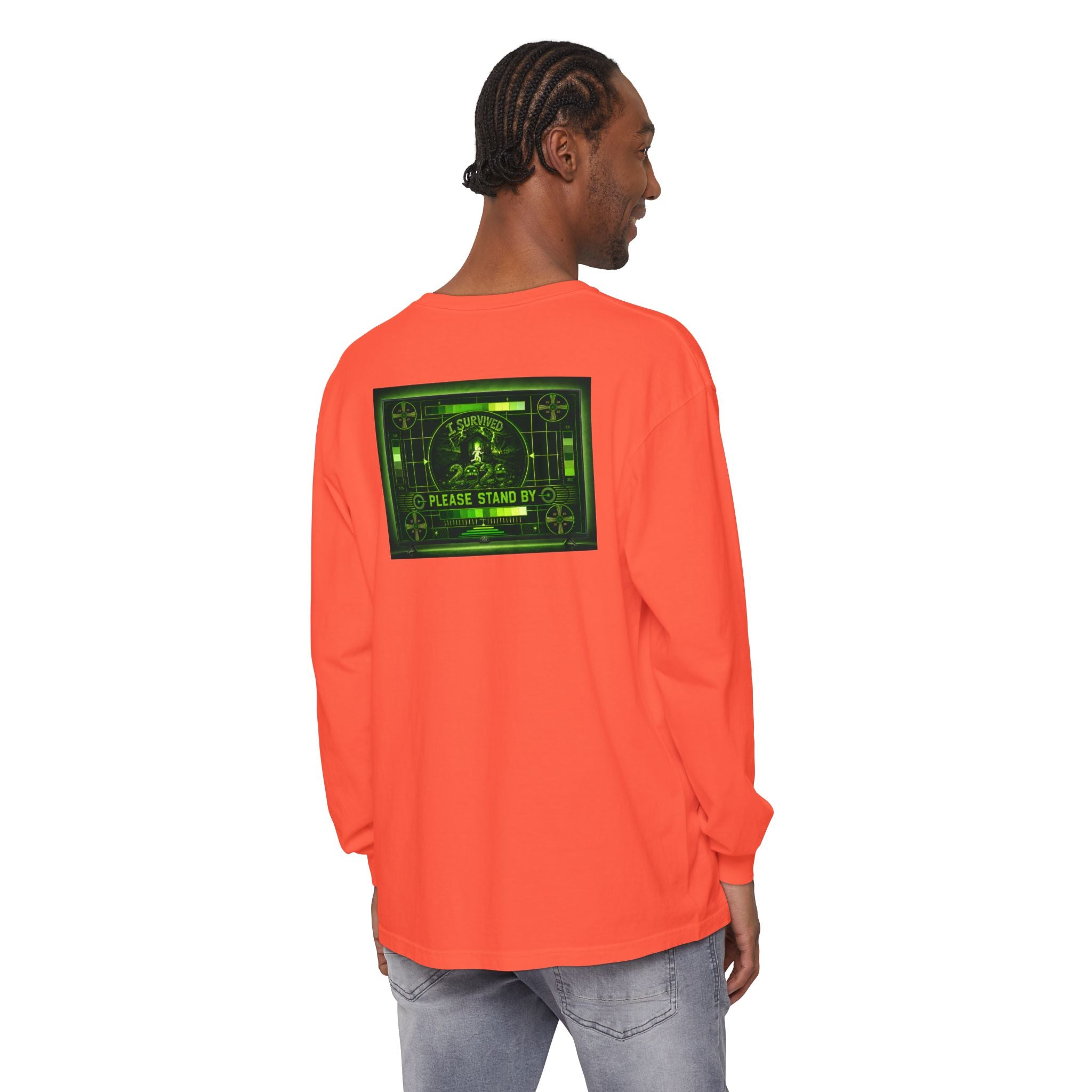 I Survived 2020 — "Please Stand By" Test Pattern Toxic Signal Tee Summer Premiere Unisex Garment-Dyed Long Sleeve T-Shirt