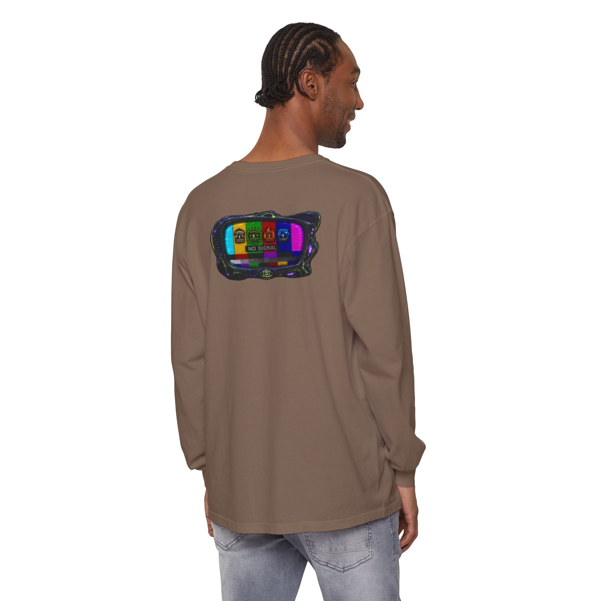 I Survived 2020 — "No Signal" Test Pattern Tee Alien Broadcast Finale Summer Premiere Garment-Dyed Long Sleeve T-Shirt