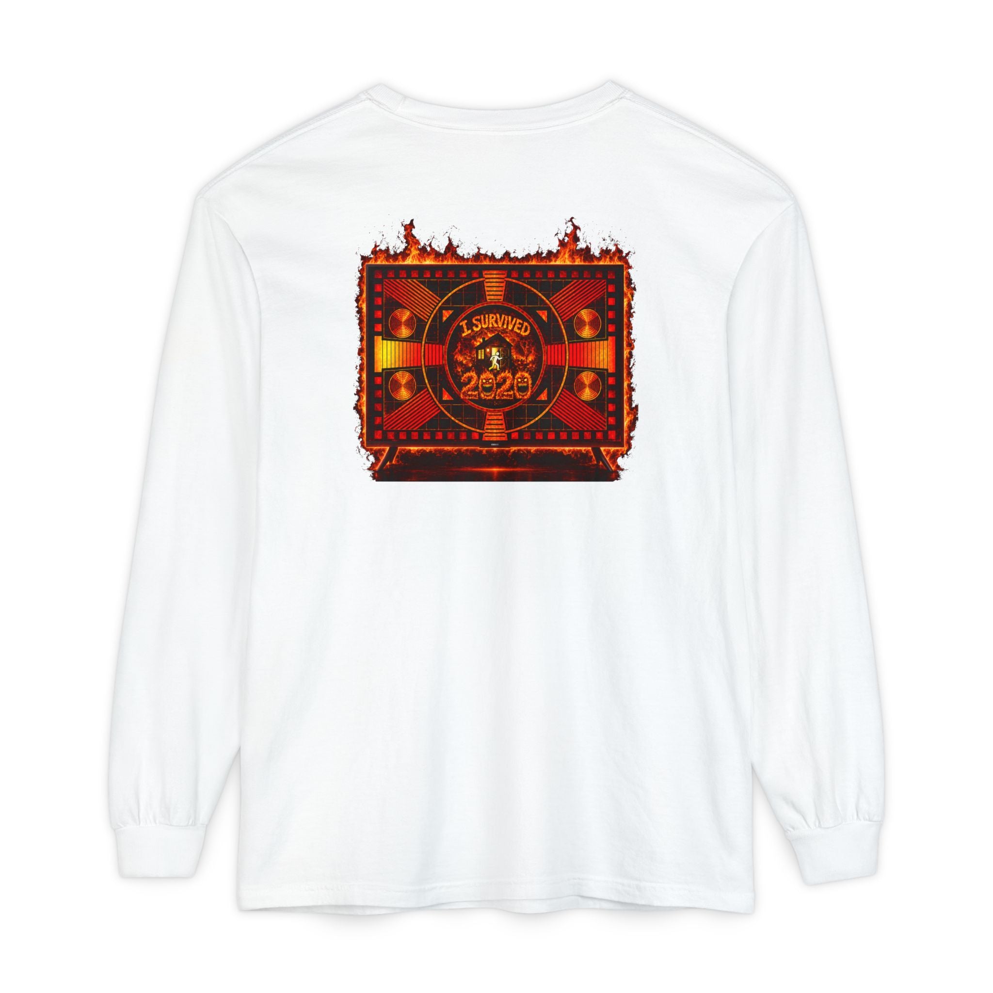 I Survived 2020 — "Please Stand By" Test Pattern Tee Wildfire Signal Edition Summer Premiere Unisex Garment-Dyed Long Sleeve T-Shirt