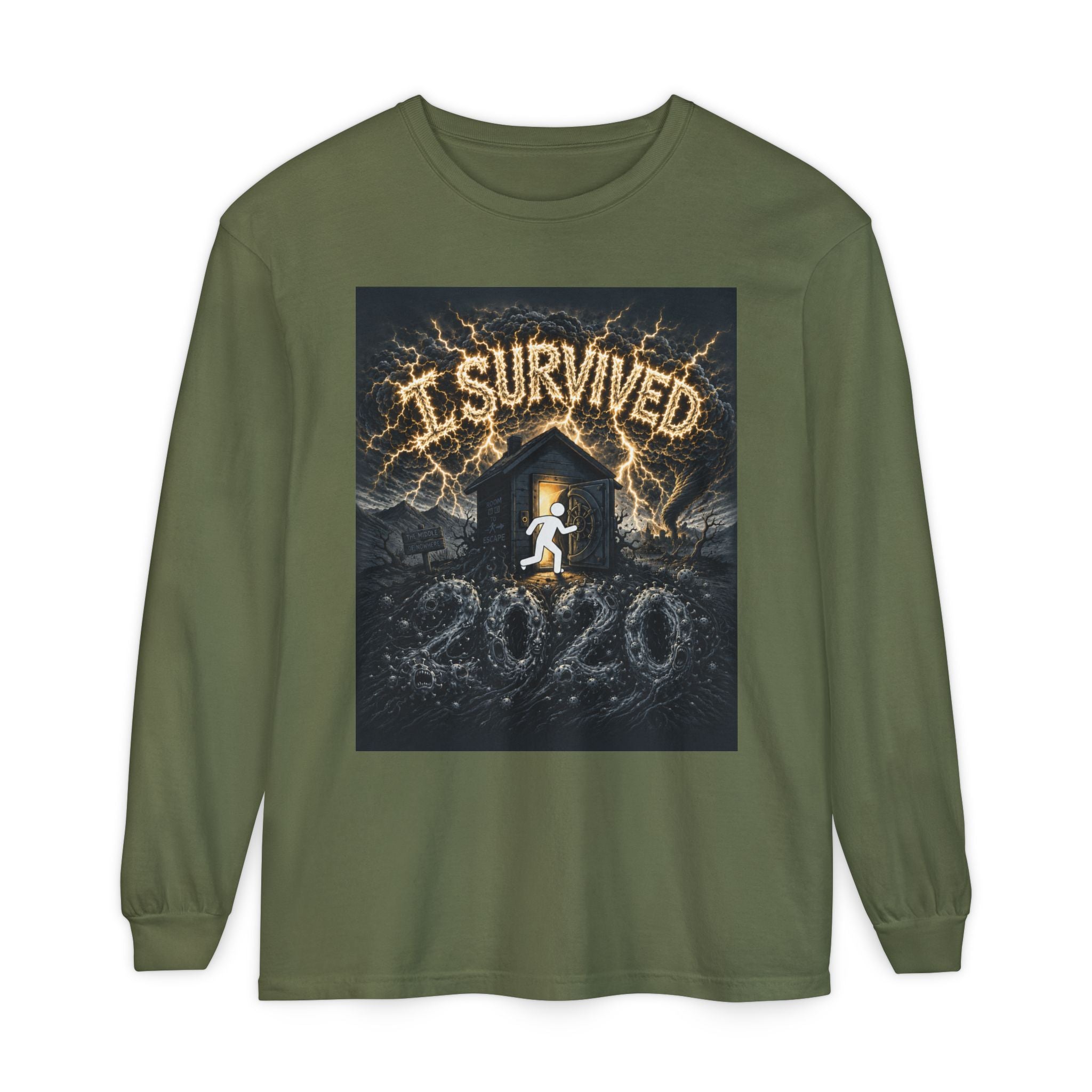 I Survived 2020 — Original Design Teaser Tee | Season 1 Premiere Drop Unisex Garment-dyed Long Sleeve T-Shirt