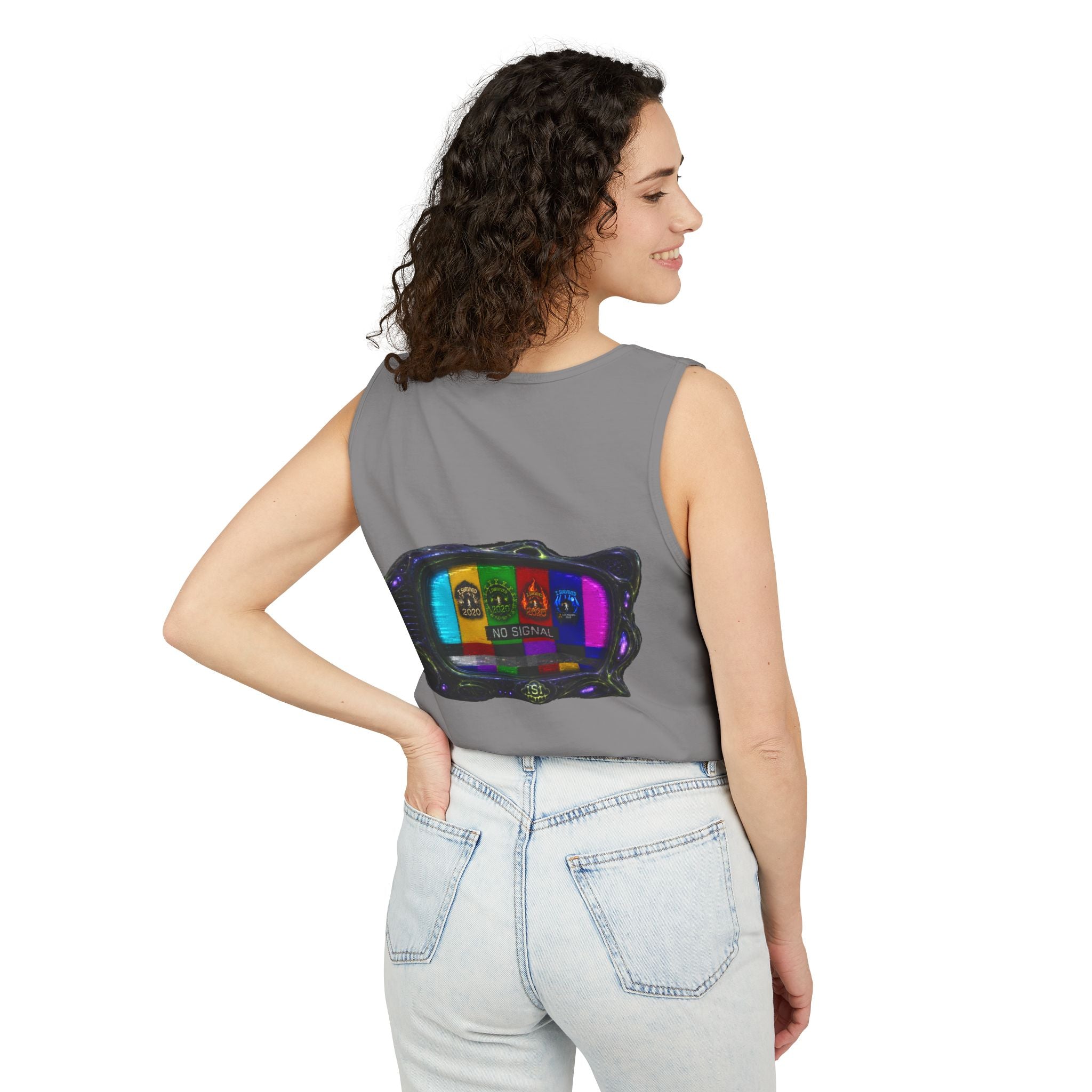I Survived 2020 — "No Signal" Test Pattern Tee Alien Broadcast Finale Summer Premiere Unisex Garment-Dyed Tank Top