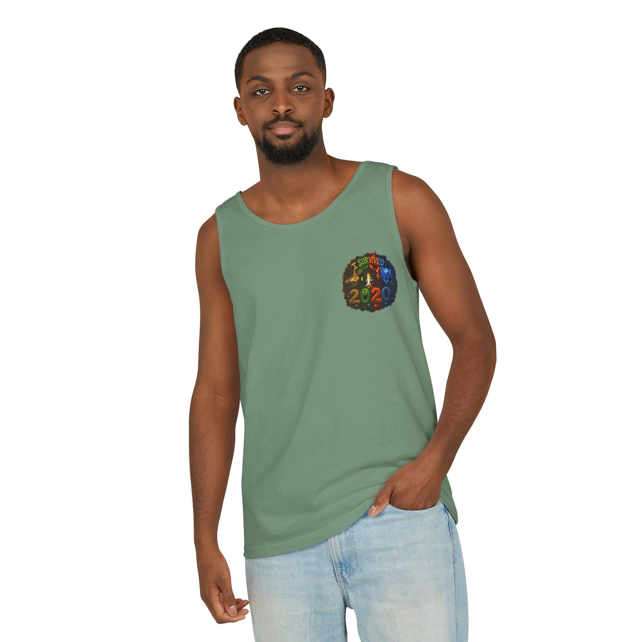 I Survived 2020 — "No Signal" Test Pattern Tee Alien Broadcast Finale Summer Premiere Unisex Garment-Dyed Tank Top