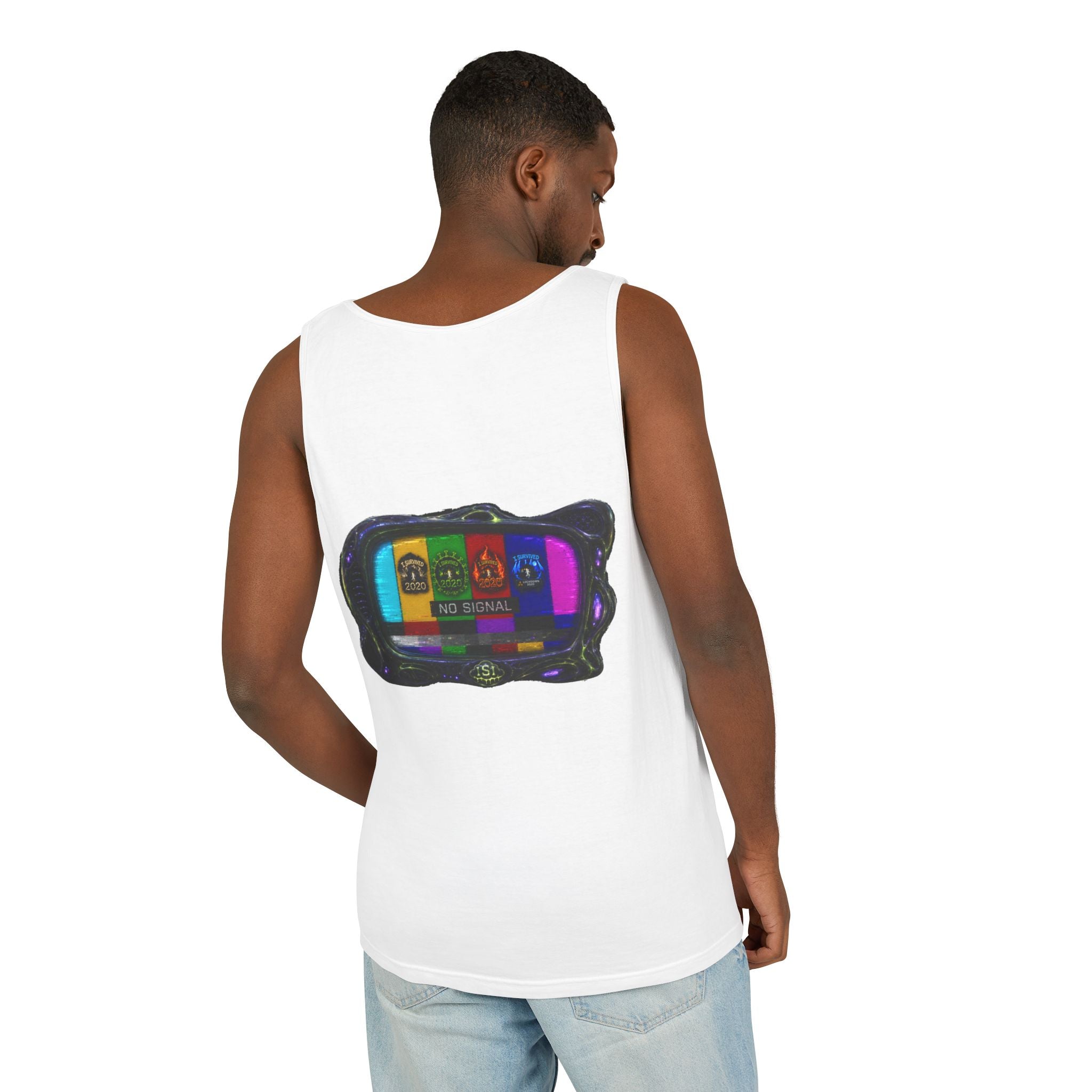 I Survived 2020 — "No Signal" Test Pattern Tee Alien Broadcast Finale Summer Premiere Unisex Garment-Dyed Tank Top