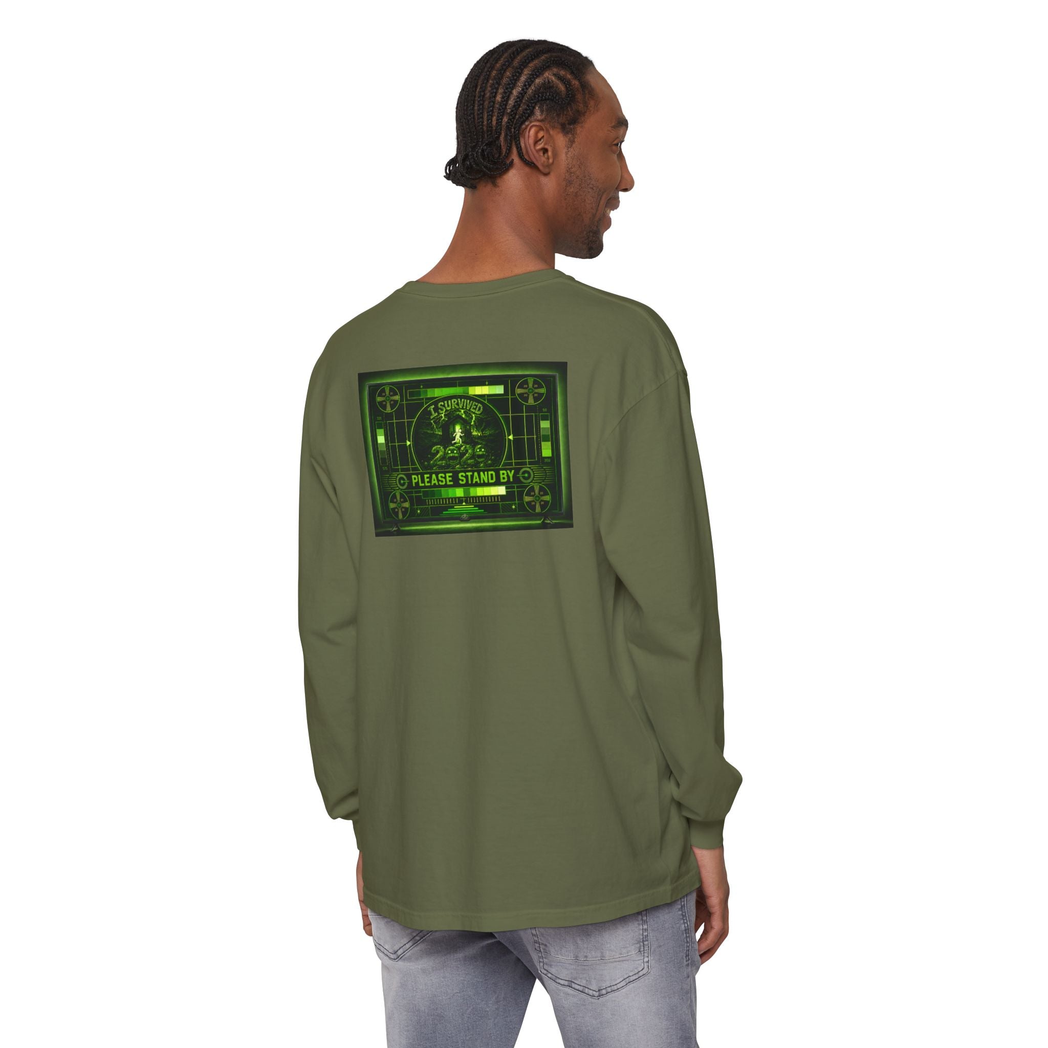 I Survived 2020 — "Please Stand By" Test Pattern Toxic Signal Tee Summer Premiere Unisex Garment-Dyed Long Sleeve T-Shirt