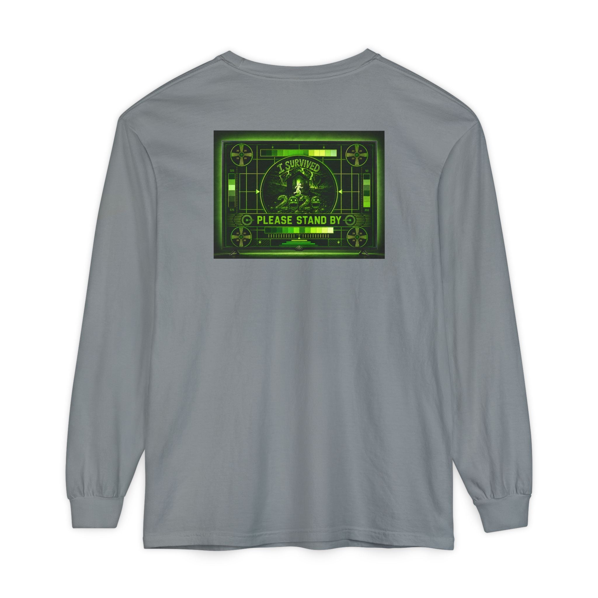 I Survived 2020 — "Please Stand By" Test Pattern Toxic Signal Tee Summer Premiere Unisex Garment-Dyed Long Sleeve T-Shirt