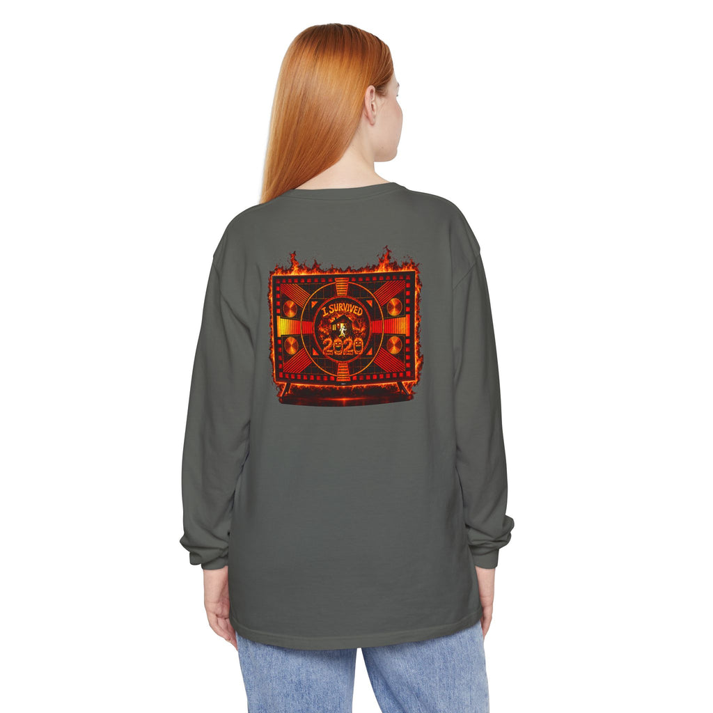 I Survived 2020 — "Please Stand By" Test Pattern Tee Wildfire Signal Edition Summer Premiere Unisex Garment-Dyed Long Sleeve T-Shirt