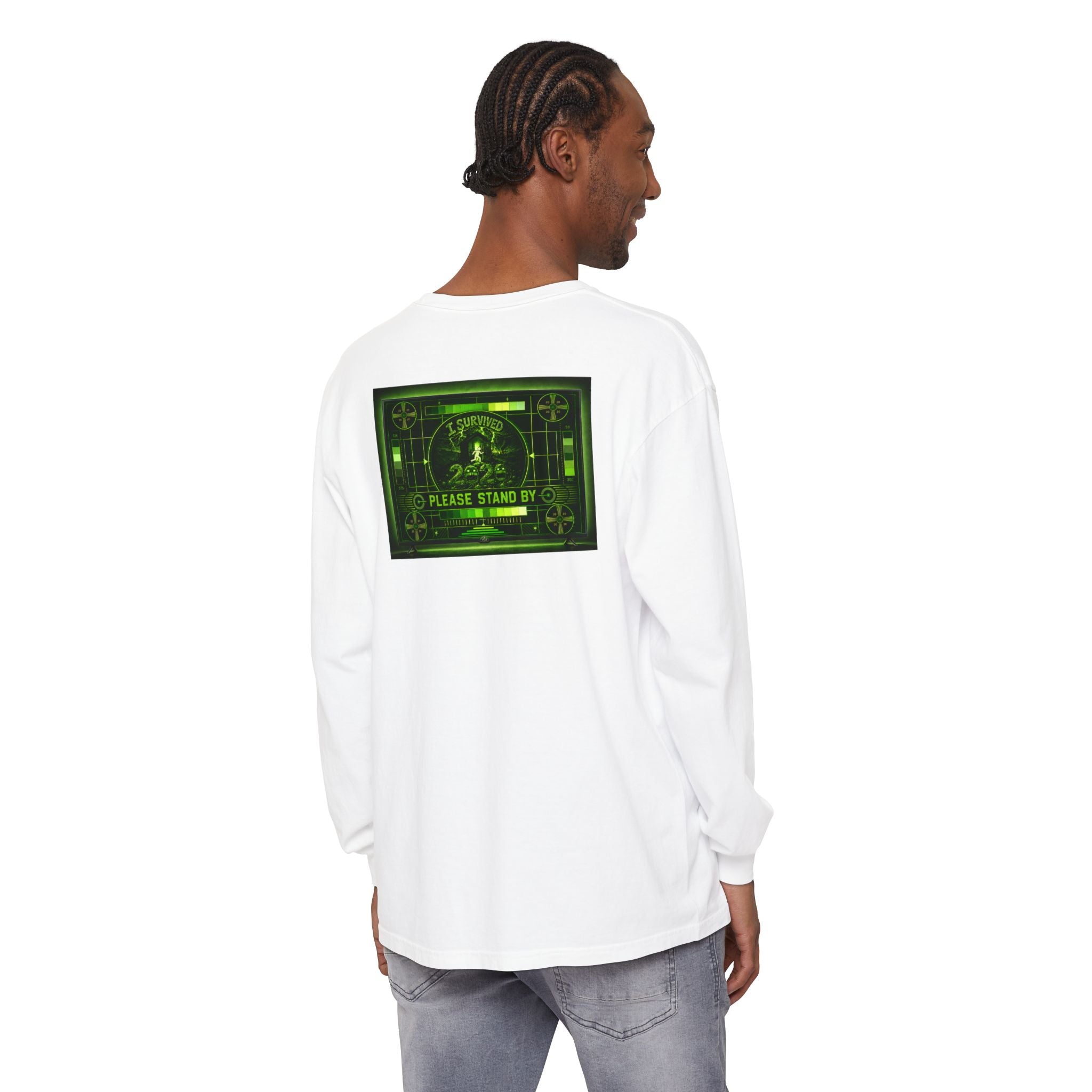 I Survived 2020 — "Please Stand By" Test Pattern Toxic Signal Tee Summer Premiere Unisex Garment-Dyed Long Sleeve T-Shirt