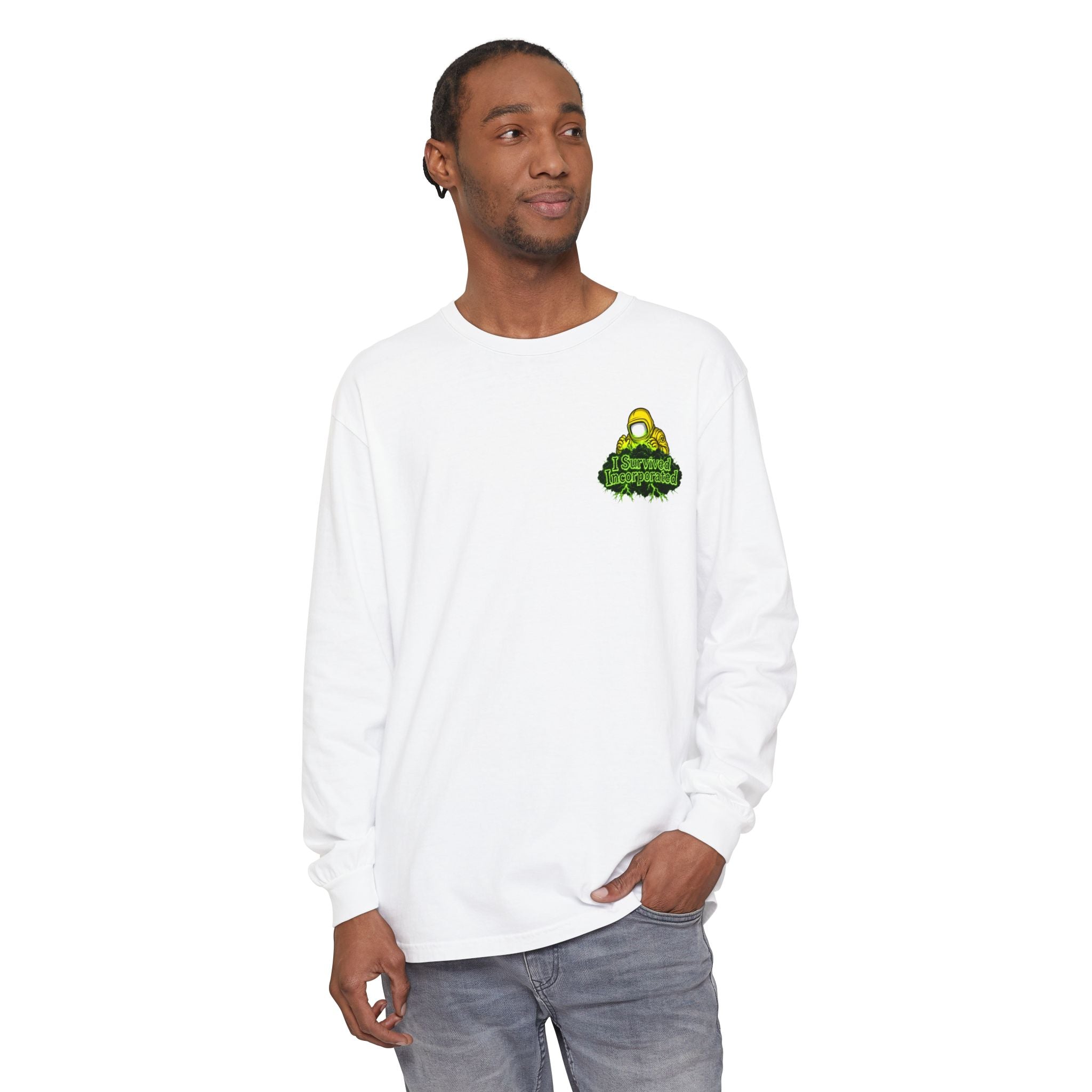 I Survived 2020 — "Please Stand By" Test Pattern Toxic Signal Tee Summer Premiere Unisex Garment-Dyed Long Sleeve T-Shirt