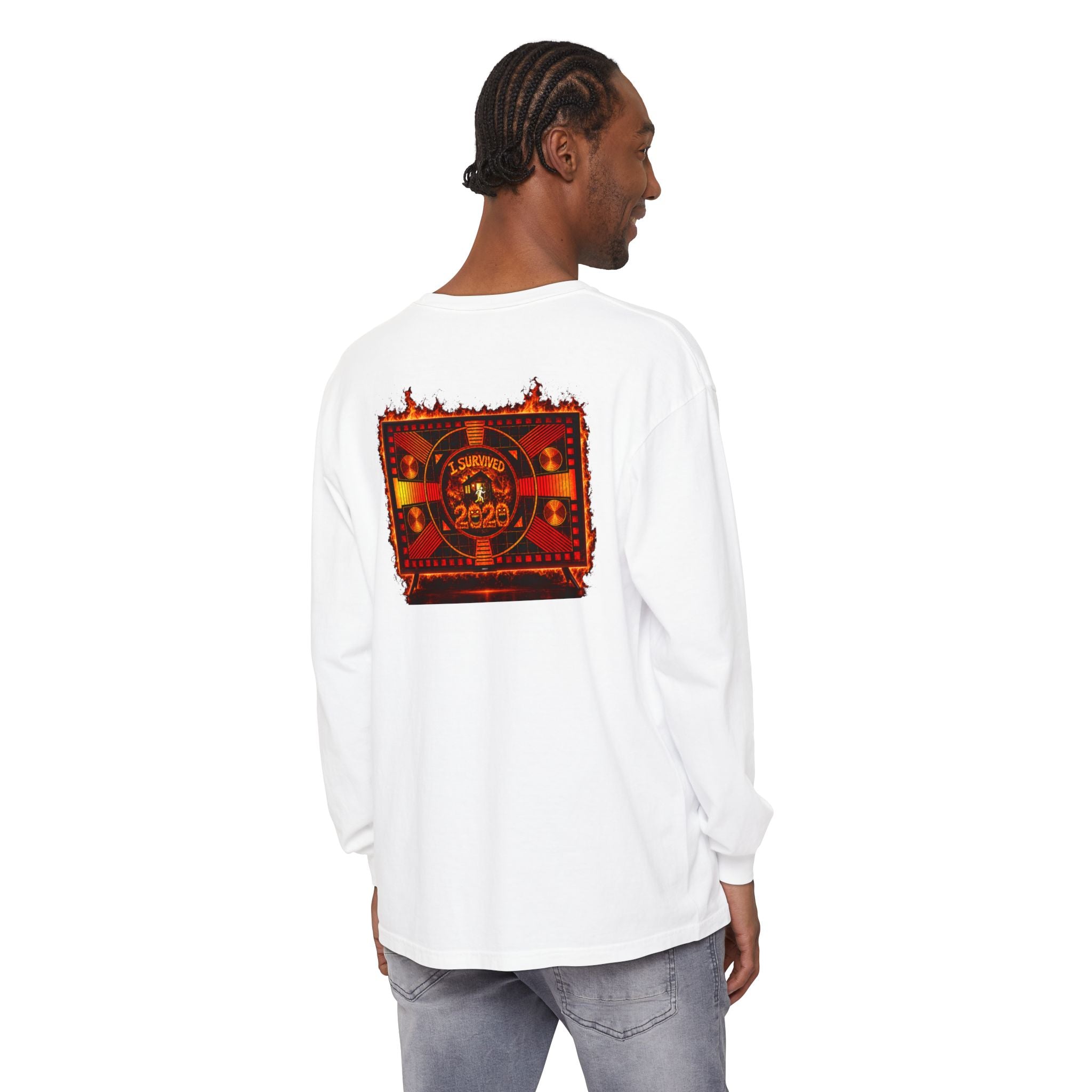 I Survived 2020 — "Please Stand By" Test Pattern Tee Wildfire Signal Edition Summer Premiere Unisex Garment-Dyed Long Sleeve T-Shirt